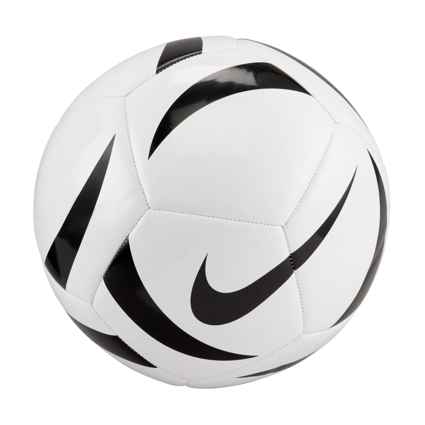 A white Nike soccer ball with black swoosh and curved graphic designs, isolated against a solid black background.