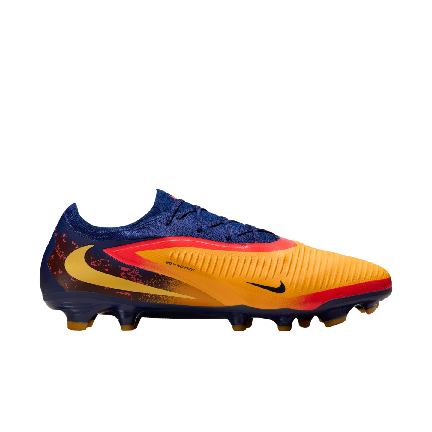 Side view of a colorful Nike soccer cleat in orange, red, and blue with a textured upper and yellow swoosh logo.