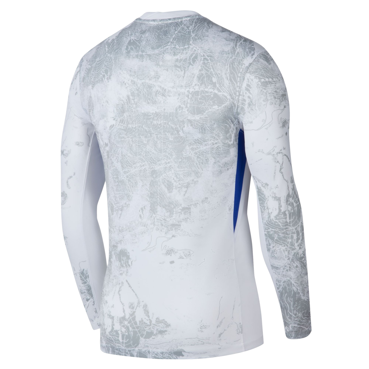 Back view of a white long-sleeved athletic shirt with a grey topographic map pattern and blue side panels.