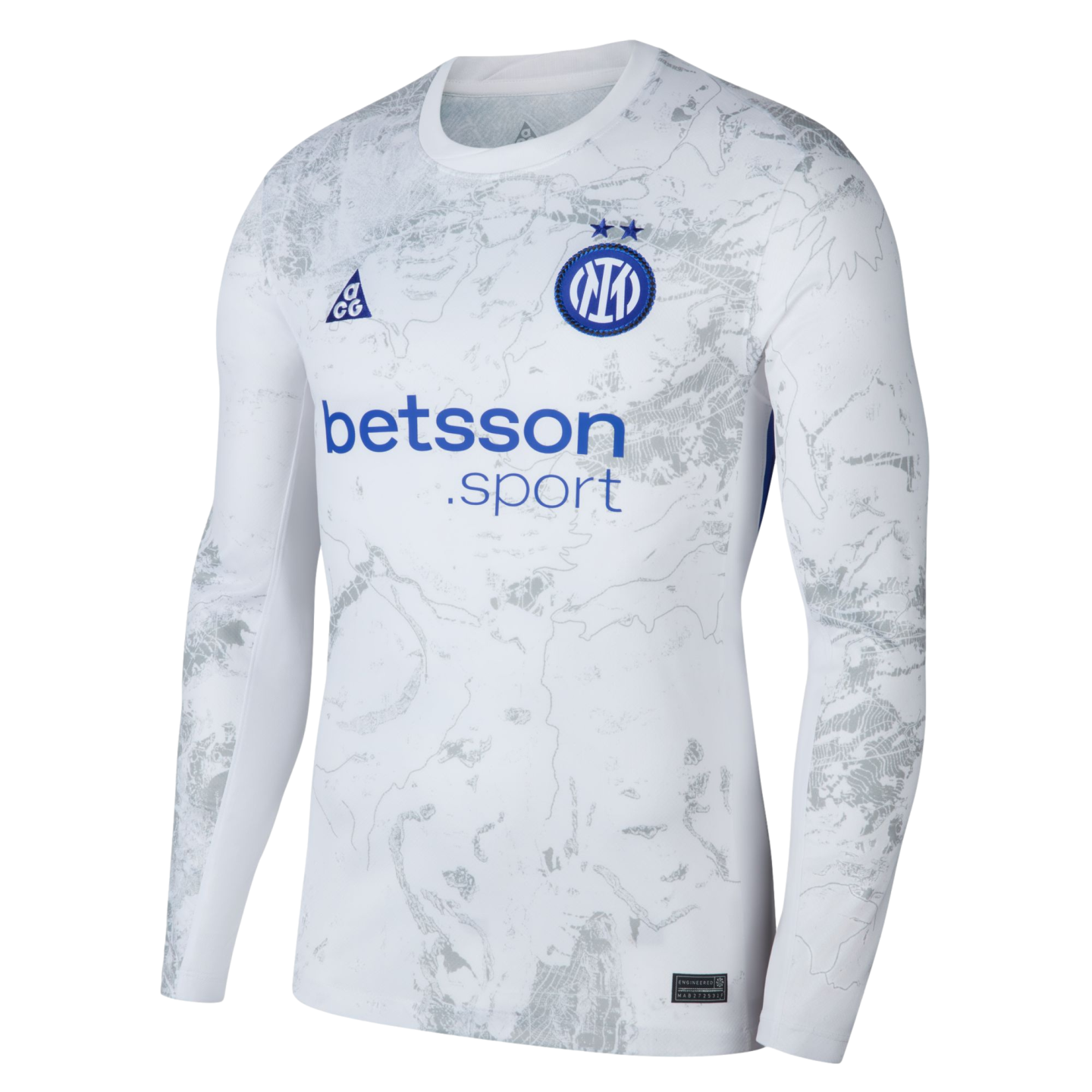 White long-sleeve Inter Milan jersey in white with a grey topographical map pattern, blue team crest, ACG logo, and betsson.sport sponsor logo.