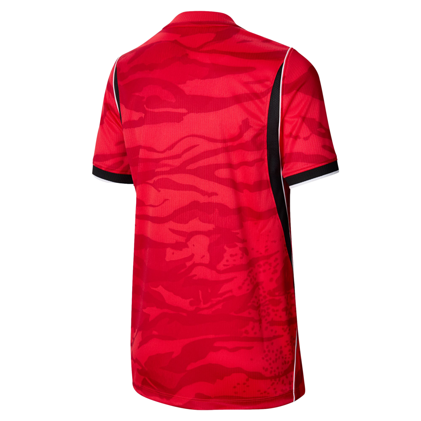 Back view of a red sports jersey with a tonal camouflage pattern. Features black side panels with white piping and striped sleeve cuffs.