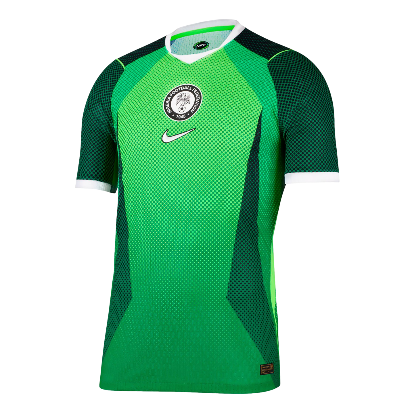 A green Nike Nigeria football jersey with dark green patterns, white trim, and the Nigeria Football Federation crest and Nike logo centered on the chest.