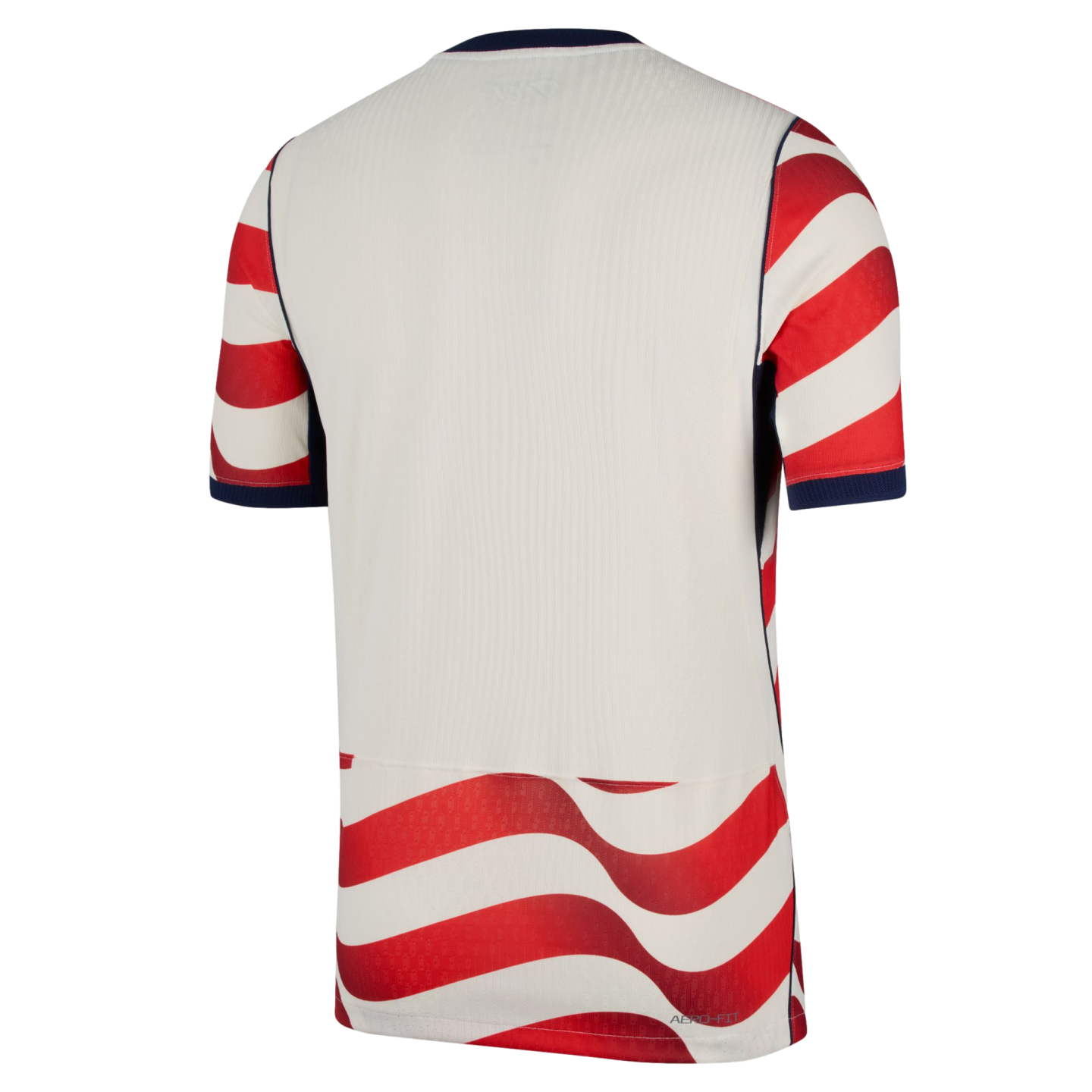 Back view of a white athletic jersey with red and white wavy stripes on the sleeves and bottom hem, finished with navy blue cuffs and collar.