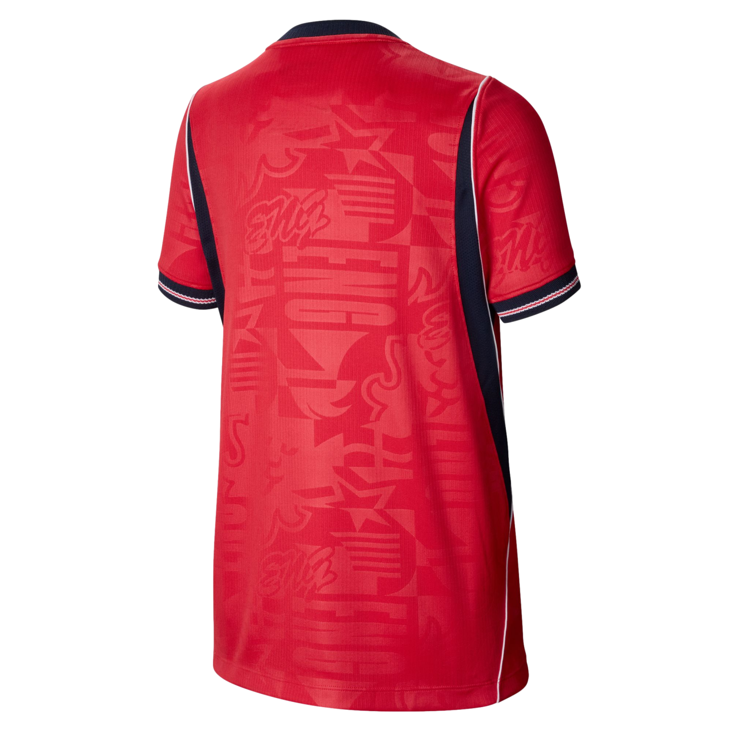 Back view of a red sports jersey with a tone-on-tone "ENG" and star pattern, navy side panels with white piping, and striped sleeve cuffs.