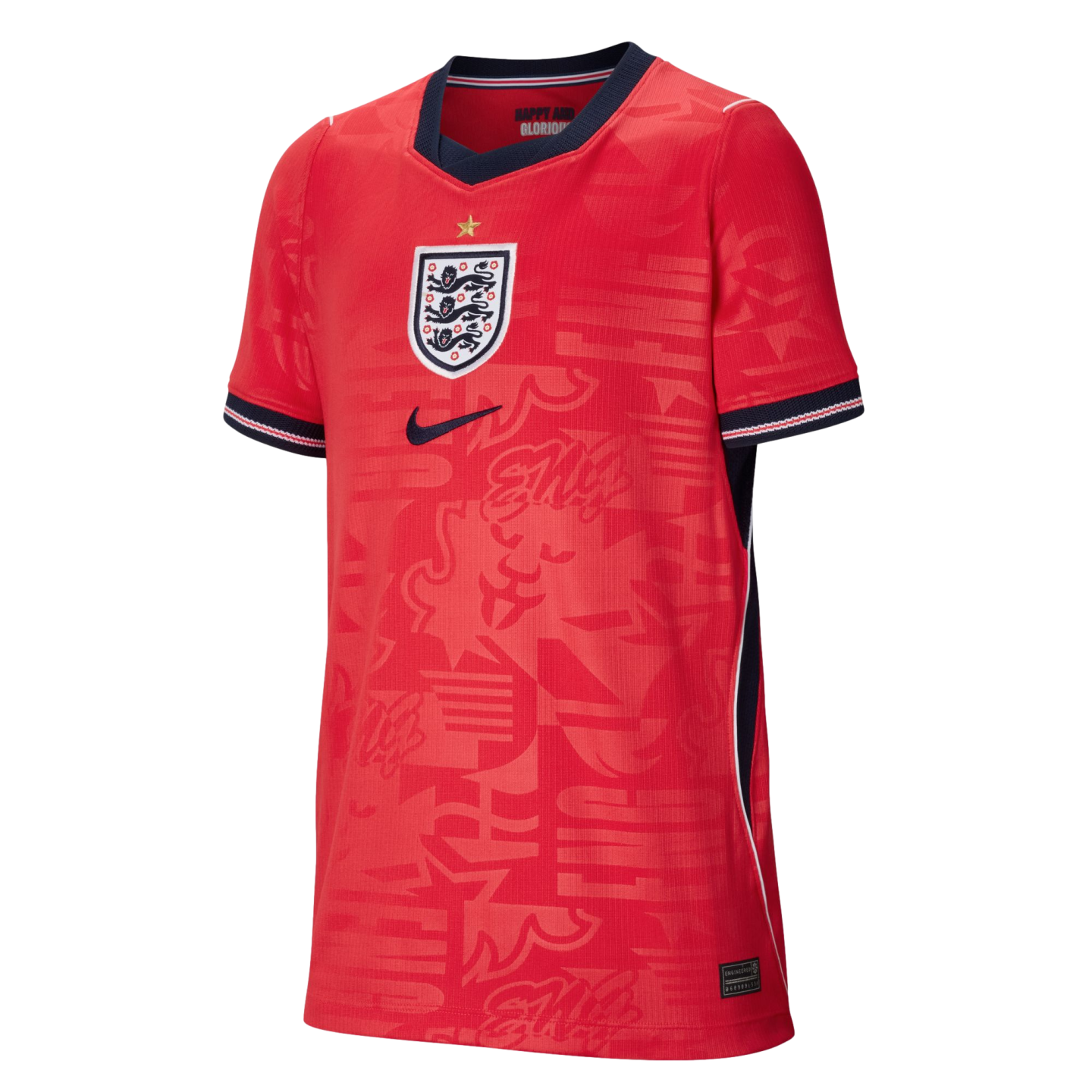 Red England football jersey featuring a central Three Lions crest, navy Nike swoosh, navy V-neck collar, and tonal graphic patterns.
