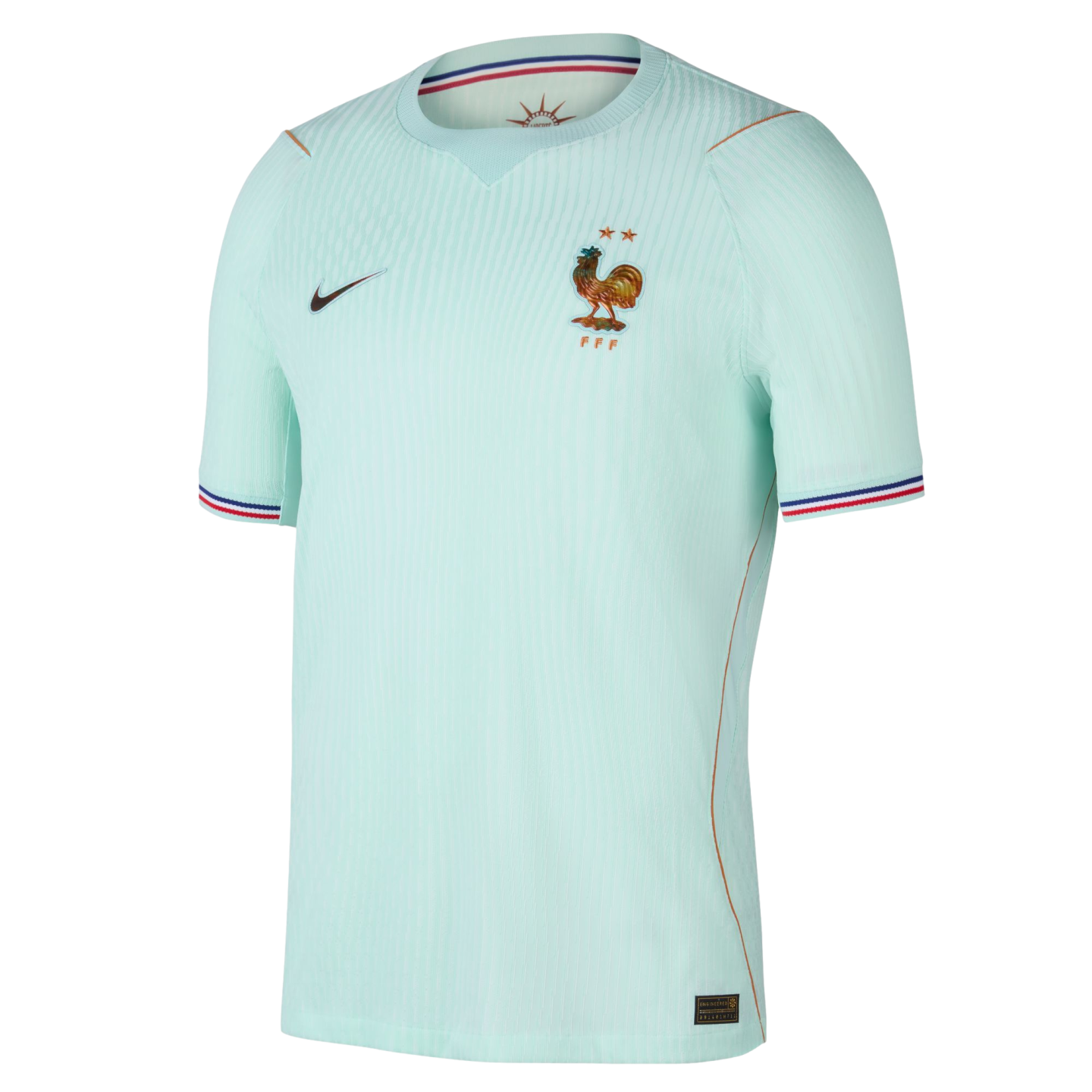 A light mint green Nike France national team soccer jersey with the rooster crest, two stars, and tricolor trim on the sleeve cuffs.
