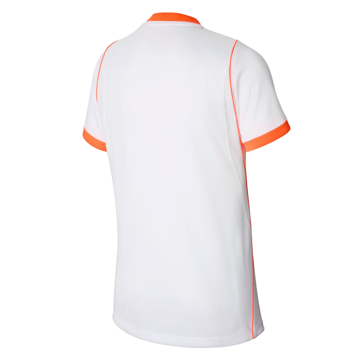 Back view of a white, short-sleeved athletic t-shirt with bright orange trim on the collar and sleeve cuffs. Thin orange piping runs vertically along the side seams. The shirt is shown against a solid black background.