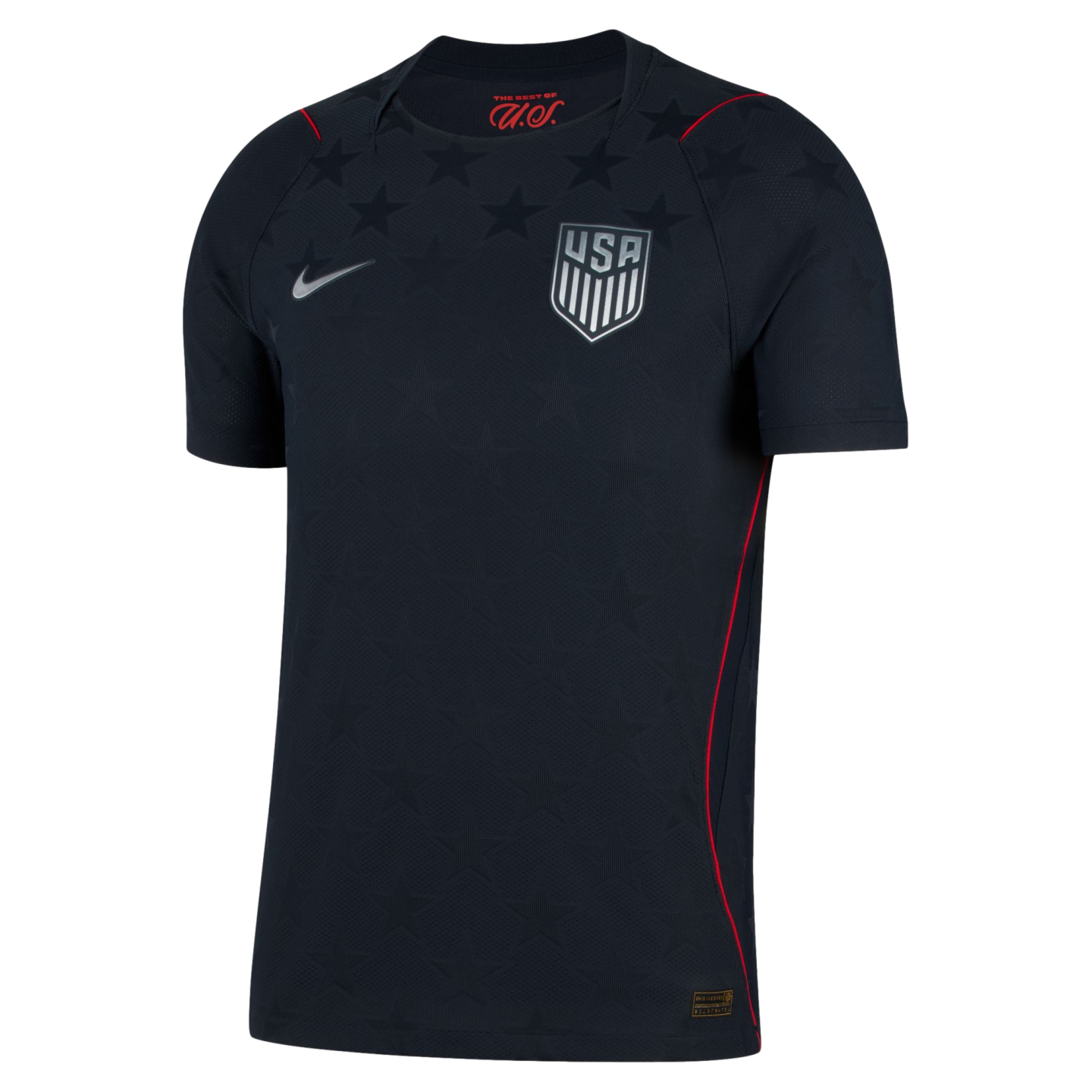 Dark navy Nike USA soccer jersey with silver team crest and swoosh. Features a tonal star pattern across the chest and thin red piping on the shoulders and sides.