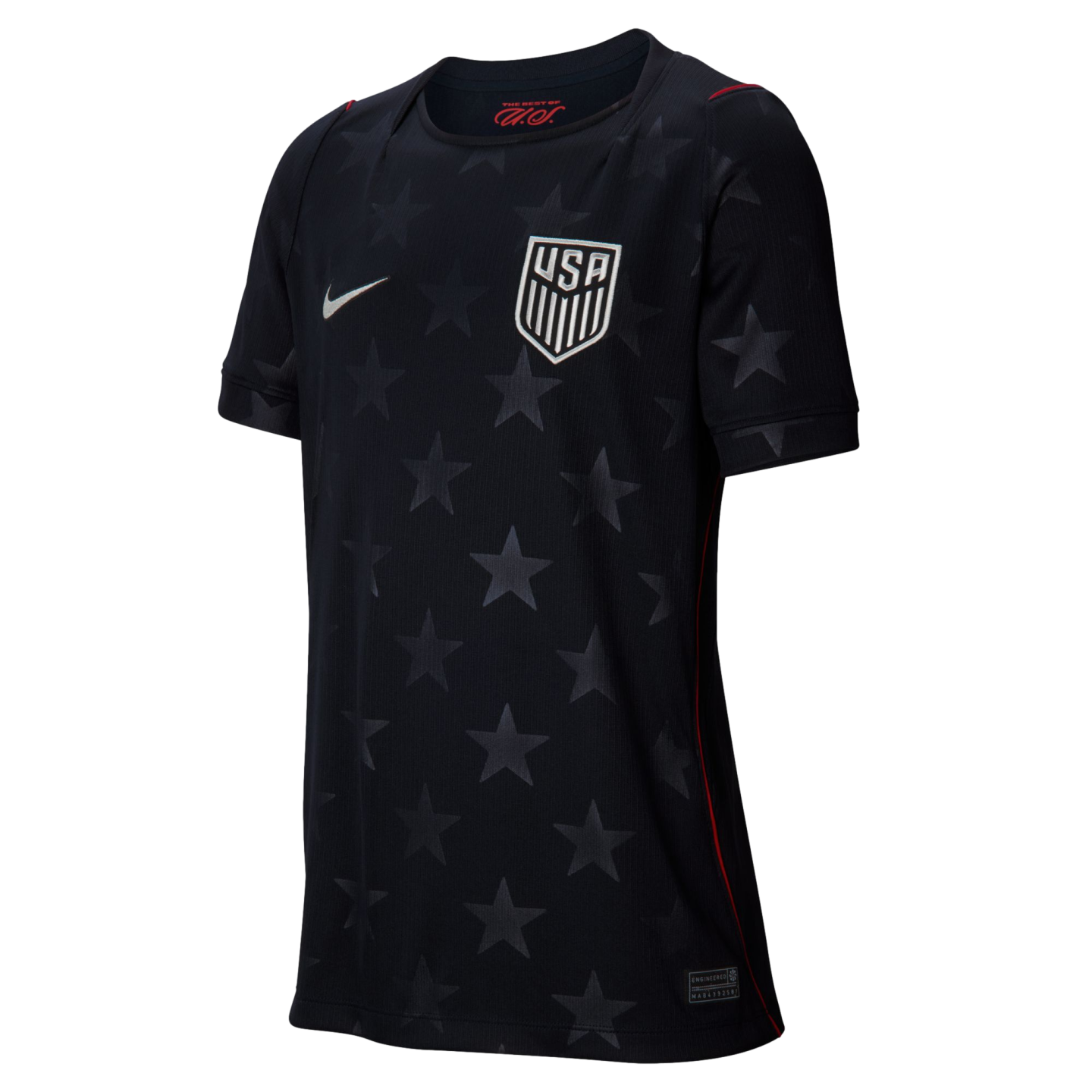 A dark navy Nike USA soccer jersey with a subtle tonal star pattern, featuring the white national team crest, Nike swoosh, and thin red accents.