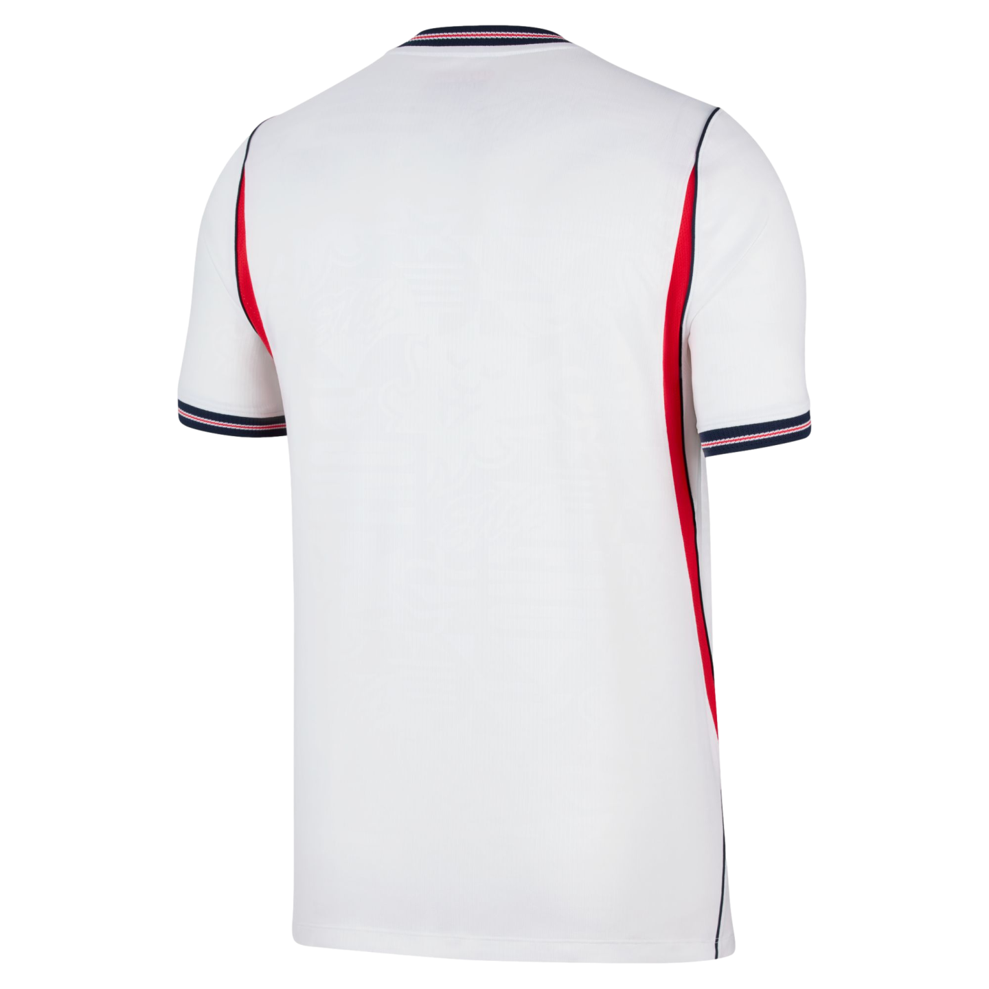 Rear view of a white short-sleeved sports jersey featuring red side panels and navy blue and red striped trim on the collar and sleeve cuffs, set against a solid black background.