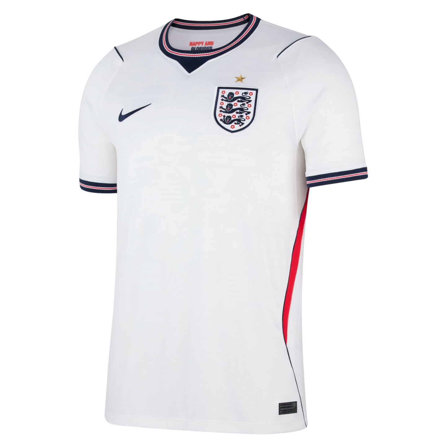 White Nike England national football team home jersey with the Three Lions crest and a gold star. Features navy and red trim on the collar and cuffs, and a red vertical side stripe.