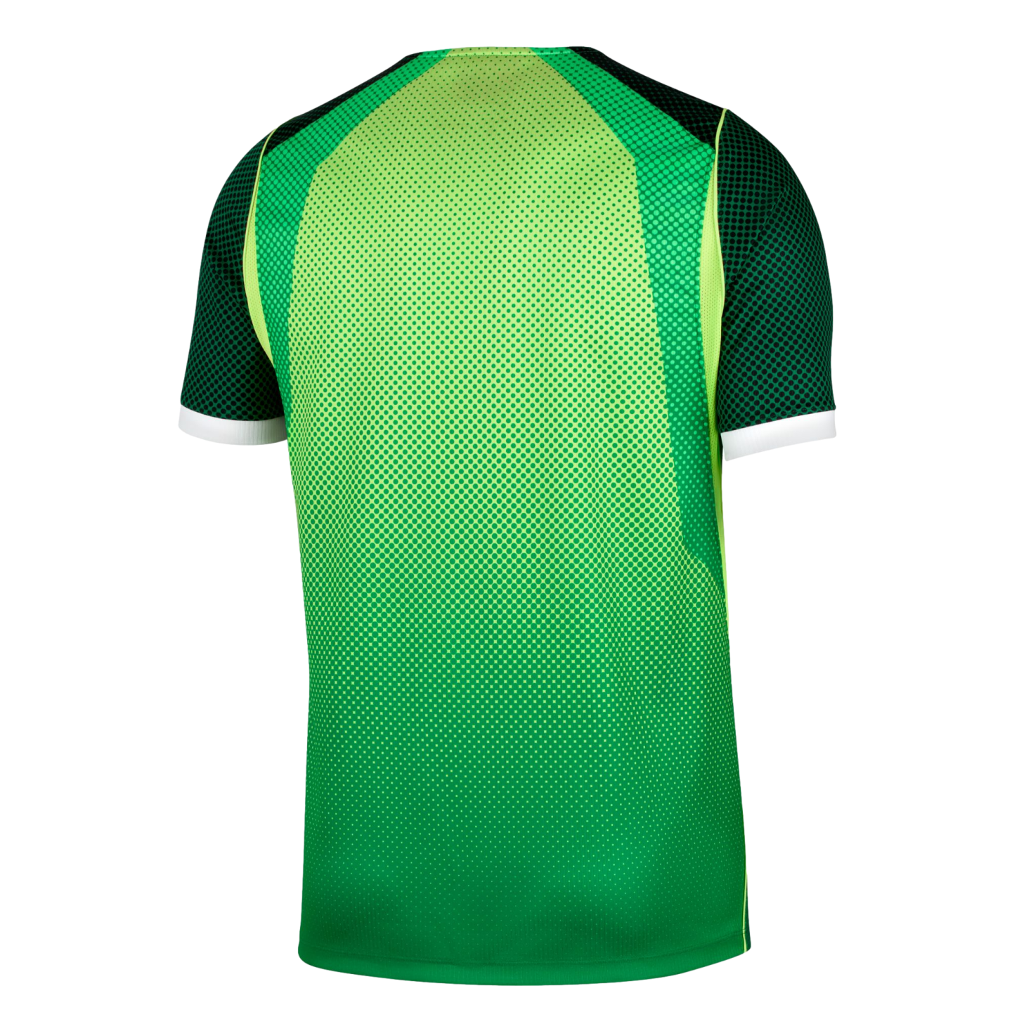 Back view of a green sports jersey with a yellow-to-green gradient dot pattern, dark green sleeves, and white cuffs.