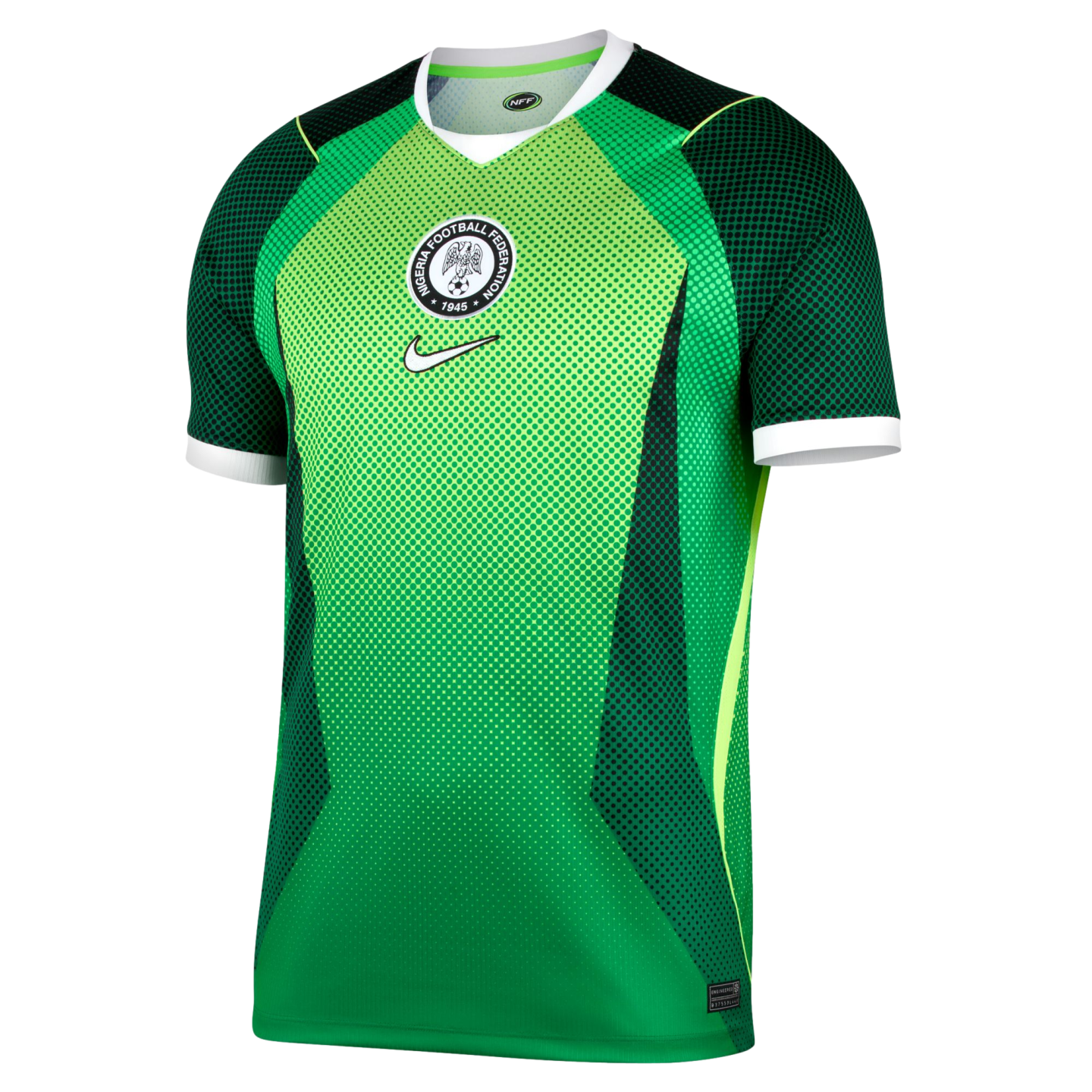 Green Nike Nigeria national team soccer jersey featuring a geometric pattern, central NFF crest, and white trim.