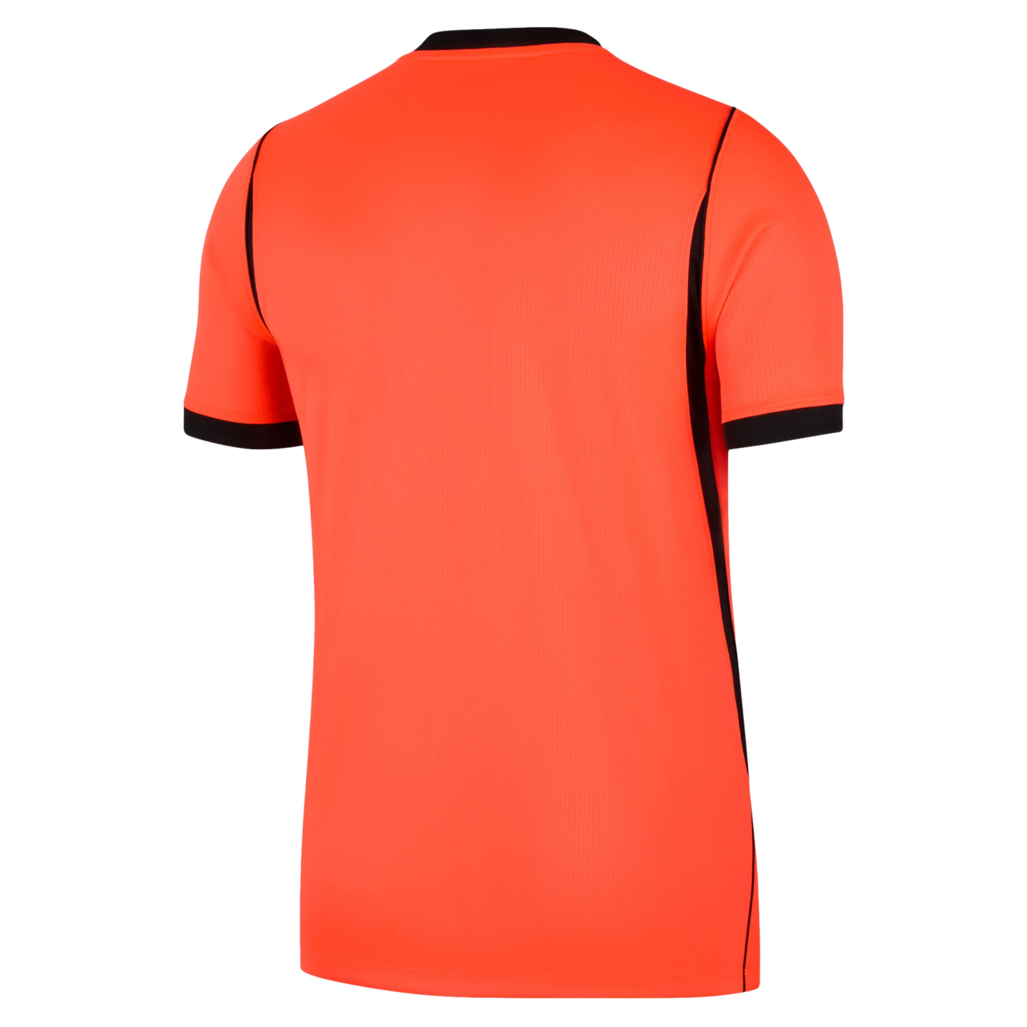 Back view of a bright orange, short-sleeved sports jersey with black trim on the collar and sleeve cuffs. A thin black stripe runs down each side from the shoulder to the hem.