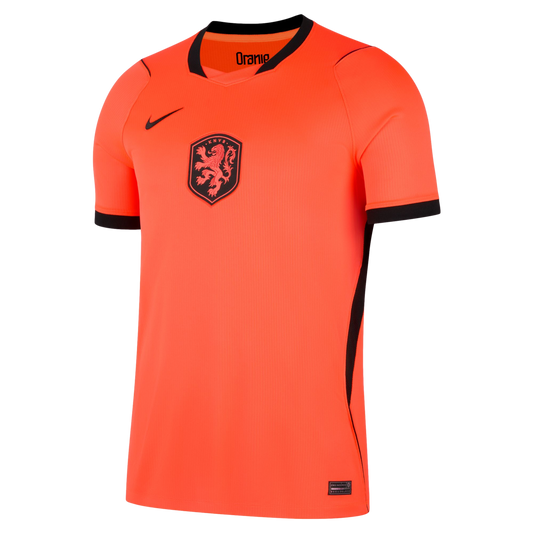 A front-facing studio shot of a bright orange Nike football jersey for the Netherlands national team. The jersey features a black V-neck collar, black sleeve cuffs, a black Nike swoosh on the chest, and the KNVB crest with a red lion in the center.