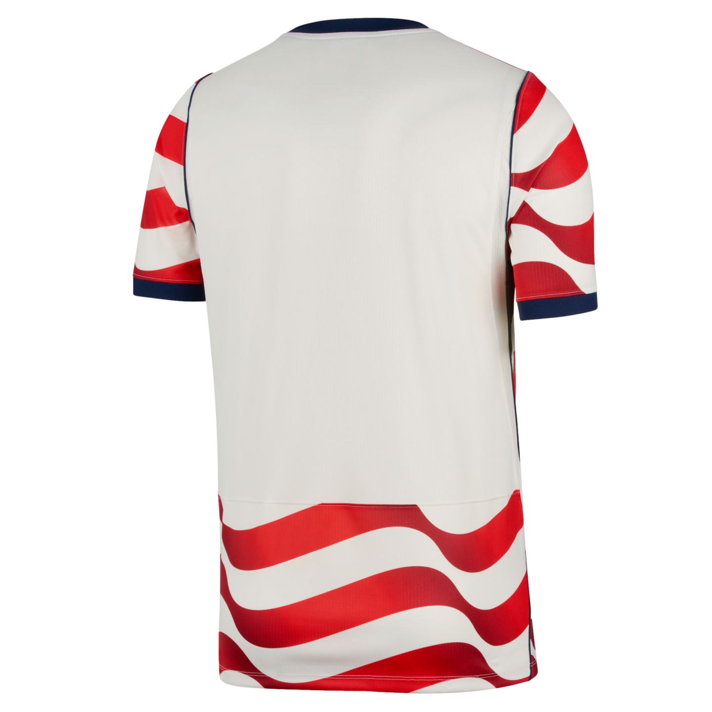 Back view of a white sports jersey with navy blue trim and red and white wavy stripes on the sleeves and bottom hem.