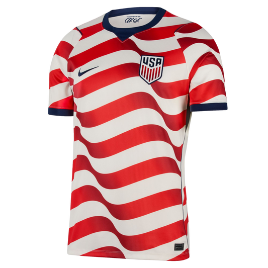 Nike USA soccer jersey with wavy red and white horizontal stripes, dark blue collar and cuffs, and the U.S. Soccer Federation crest on the chest.