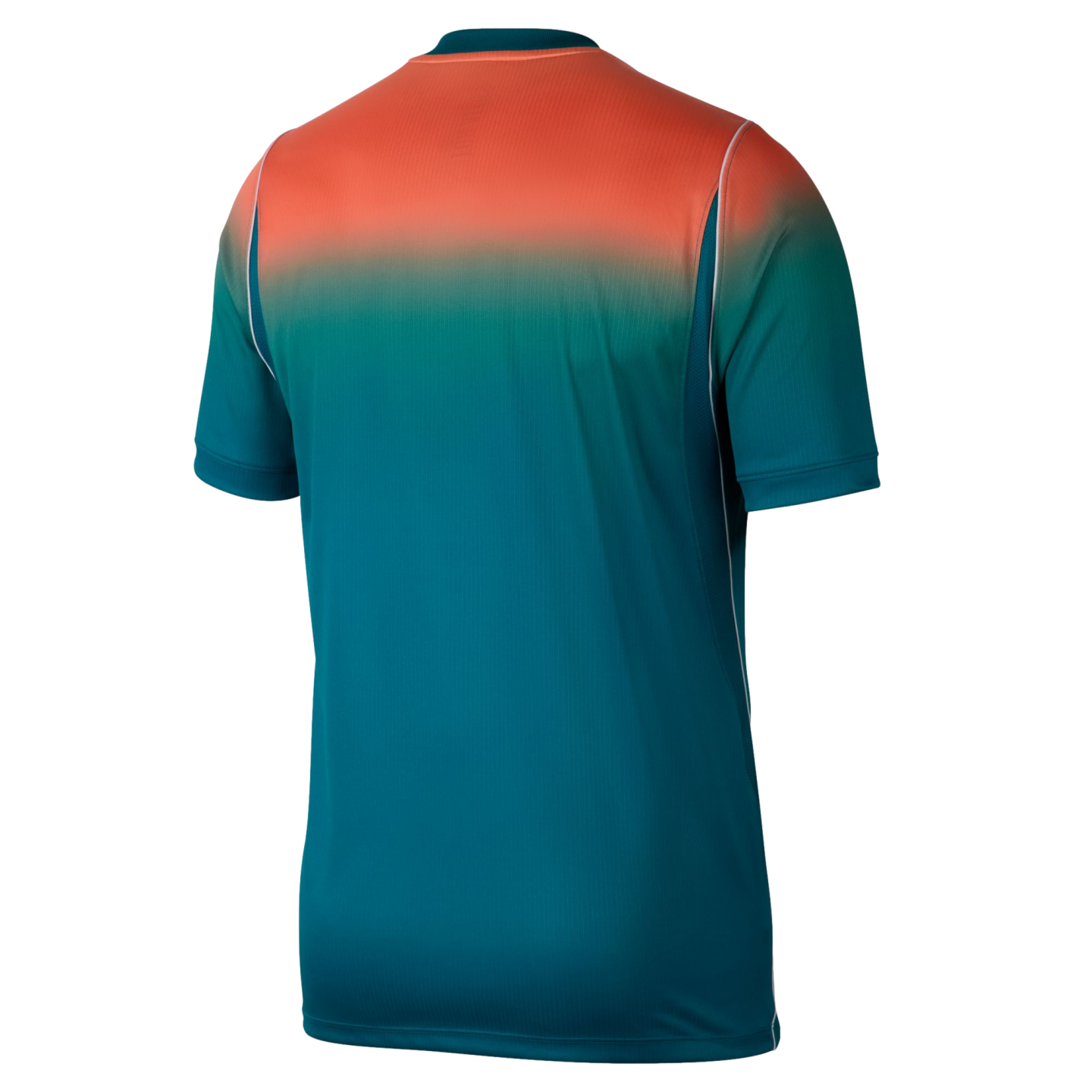 A rear view of a short-sleeved athletic jersey with a color gradient fading from bright orange at the shoulders to deep teal at the bottom, set against a solid black background. Small white piping details are visible along the sides.