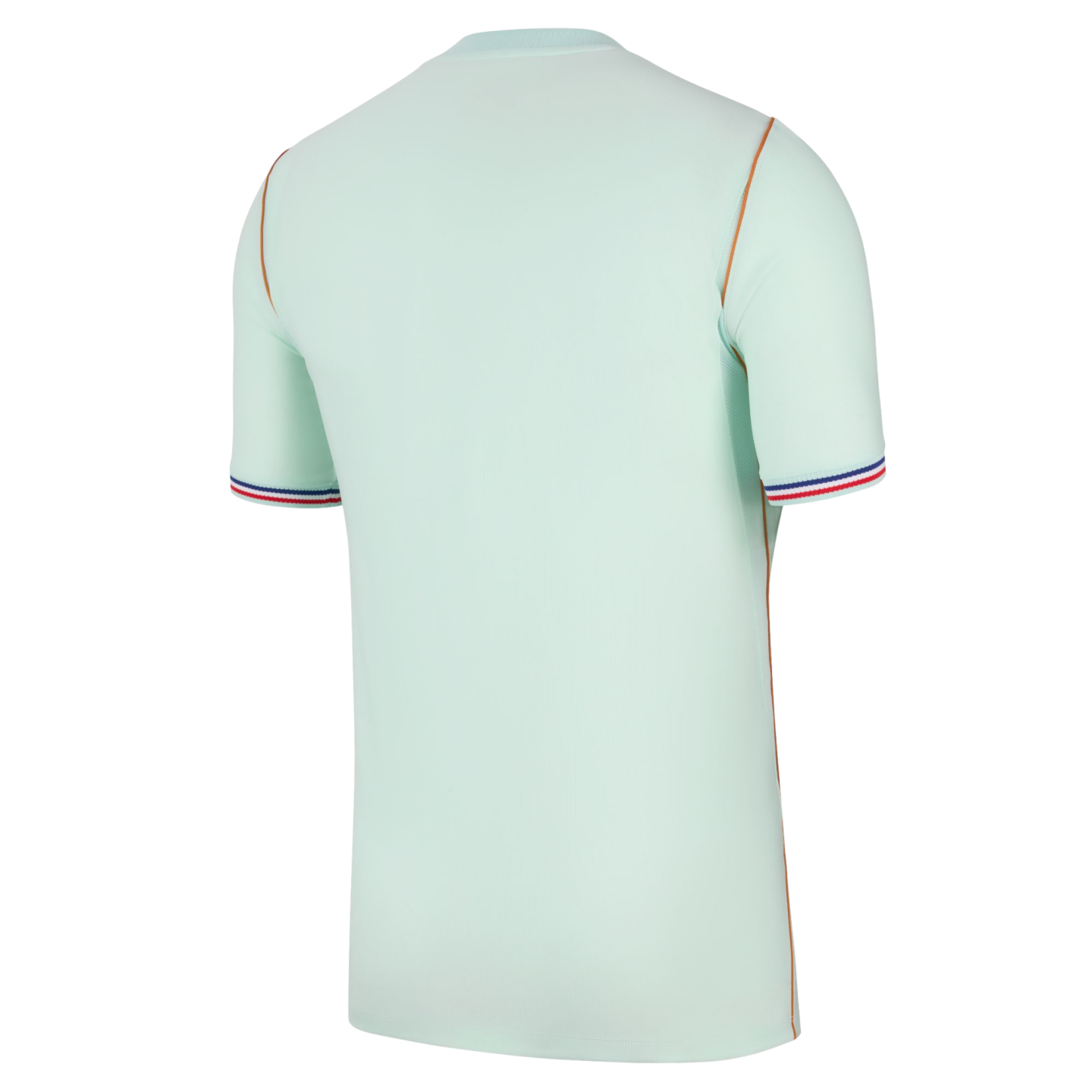 Back view of a mint green short-sleeved jersey with orange piping and red, white, and blue striped cuffs, set against a black background.
