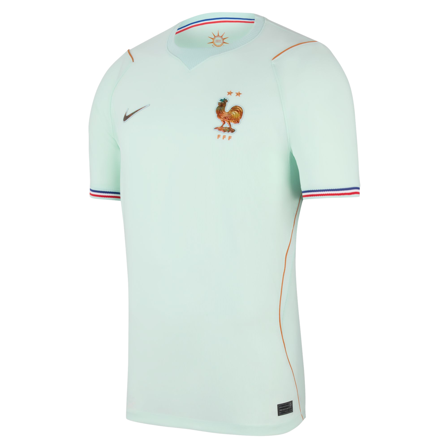 Mint green Nike France football jersey with gold FFF rooster crest, two stars, gold piping, and tricolor sleeve trim.