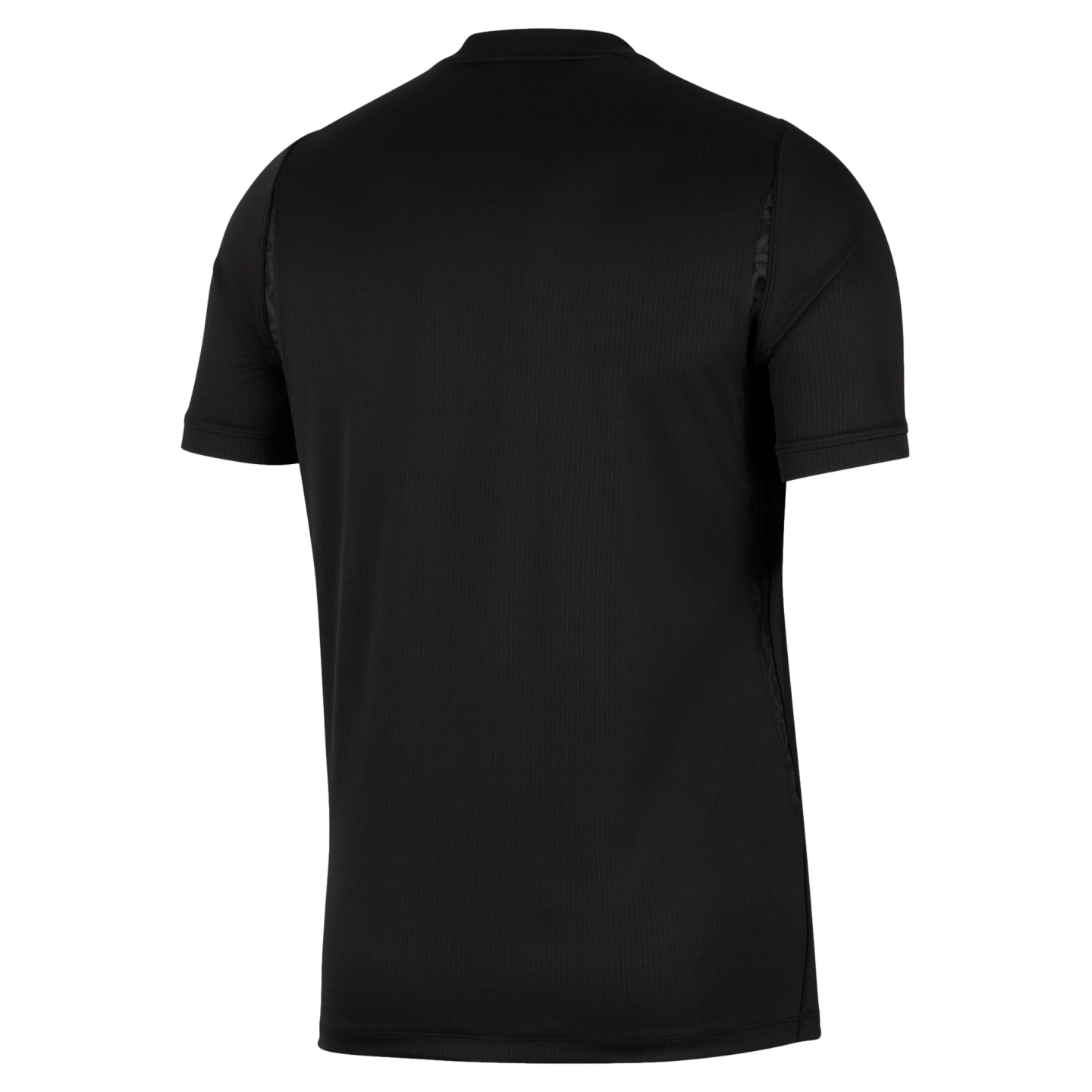 Back view of a black short-sleeved athletic shirt with vertical ribbing and patterned side panels.