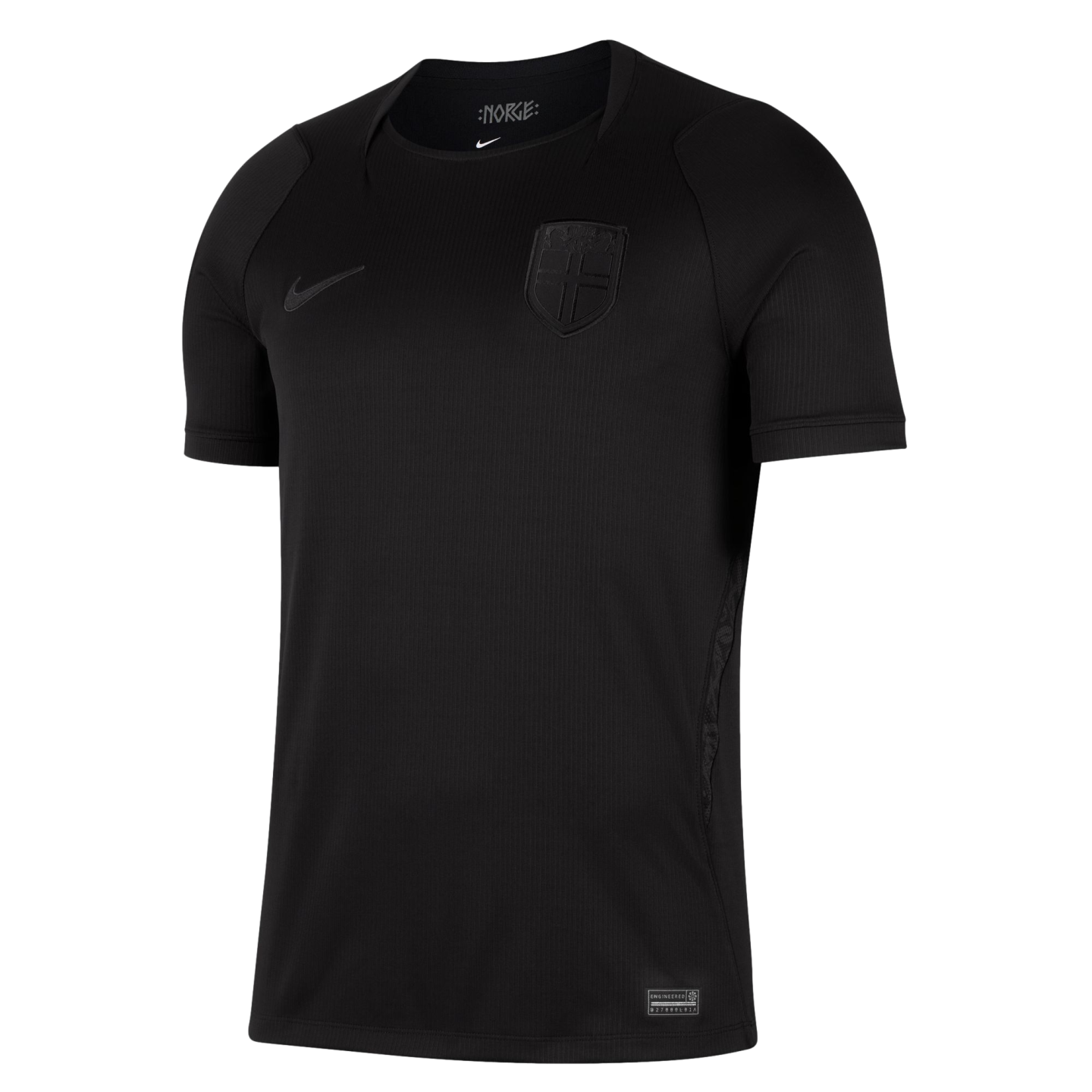 An all-black Nike Norway national team soccer jersey featuring a tonal Nike swoosh and team crest on the chest.