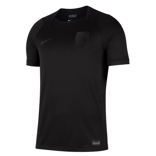 An all-black Nike Norway national team soccer jersey featuring a tonal Nike swoosh and team crest on the chest.
