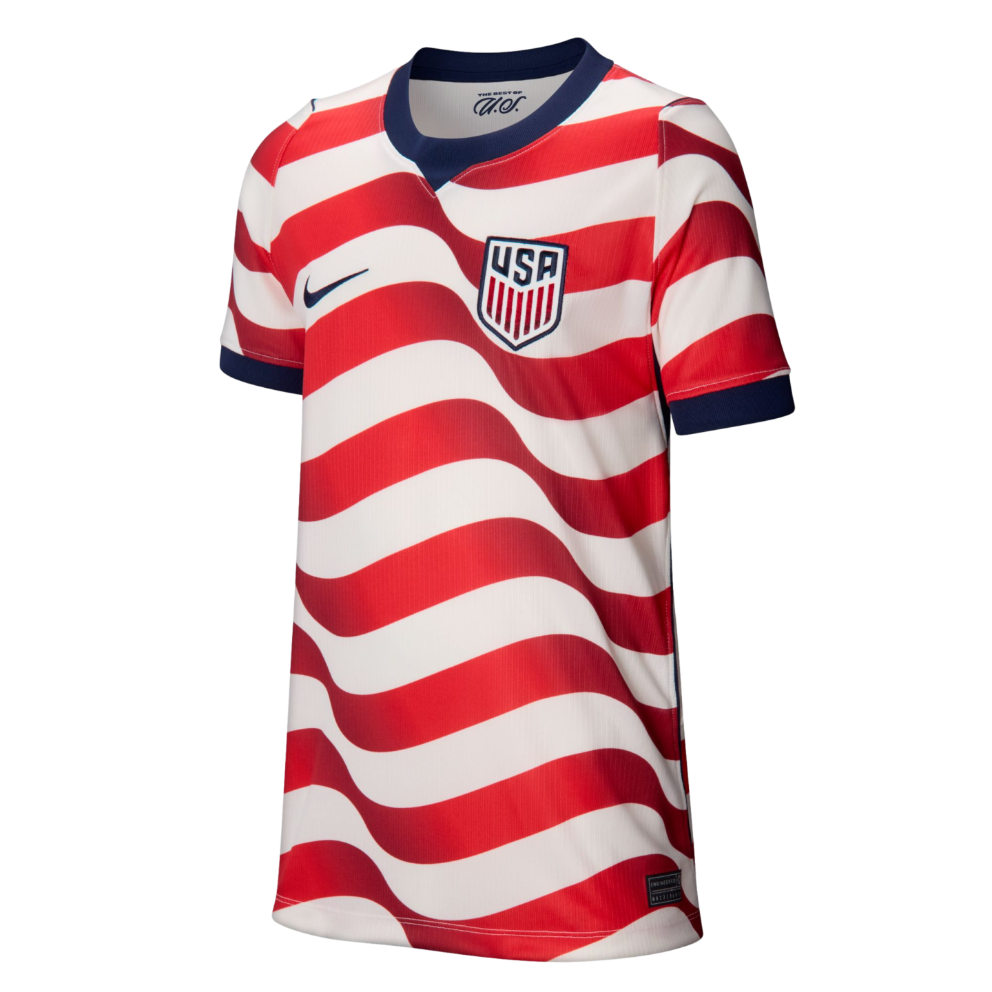 USA soccer jersey featuring red and white wavy horizontal stripes, a dark blue collar and sleeve cuffs, the Nike swoosh, and the USA team crest on the chest.