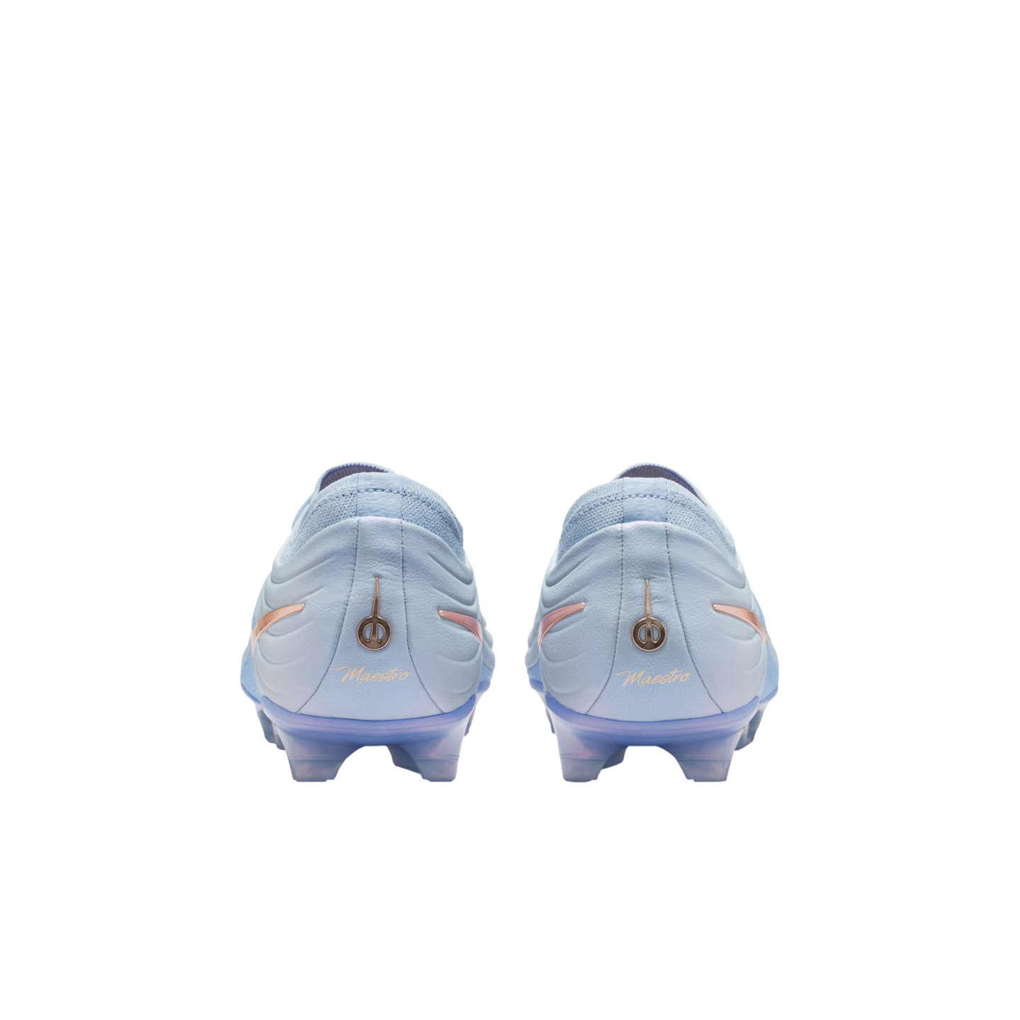 Rear view of light blue soccer cleats with gold "Maestro" logos on the heels, set against a solid black background.