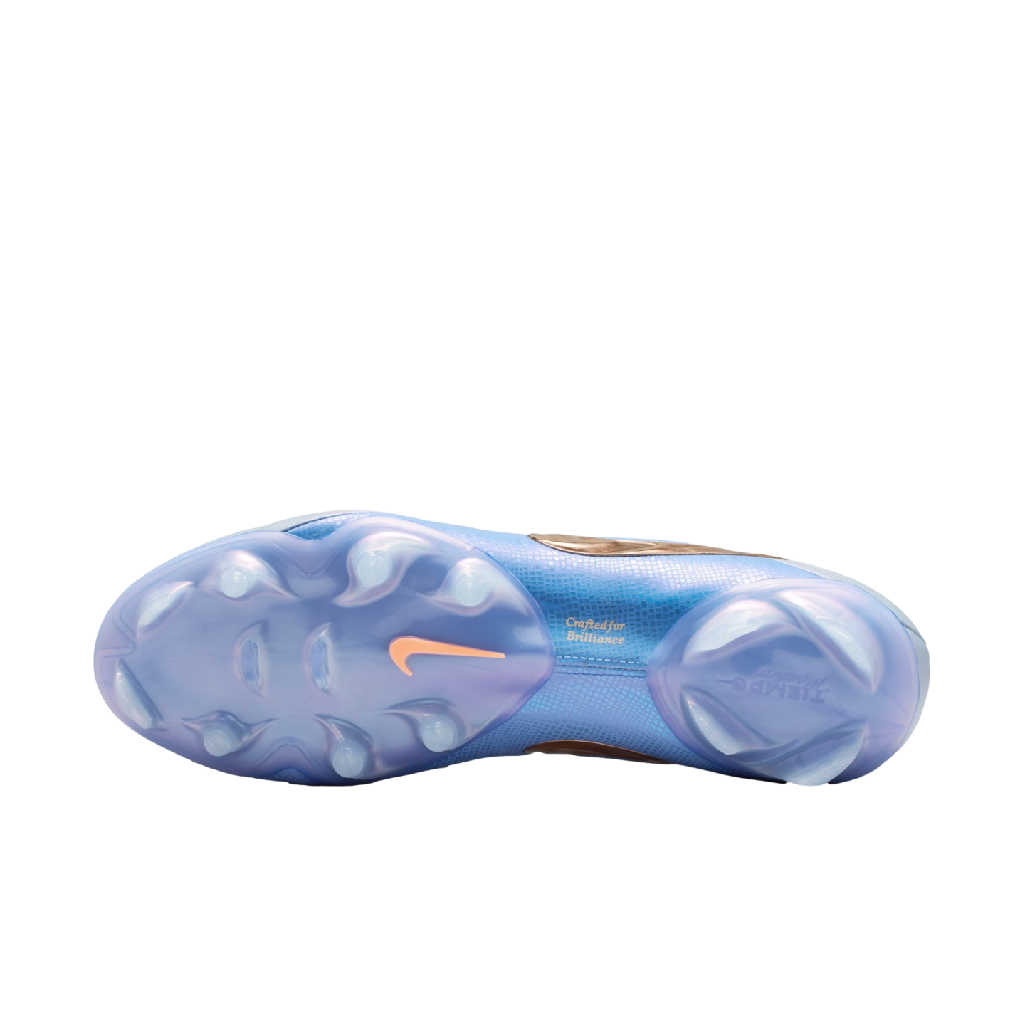 Soleplate of a blue iridescent Nike soccer cleat featuring studs and an orange swoosh logo.