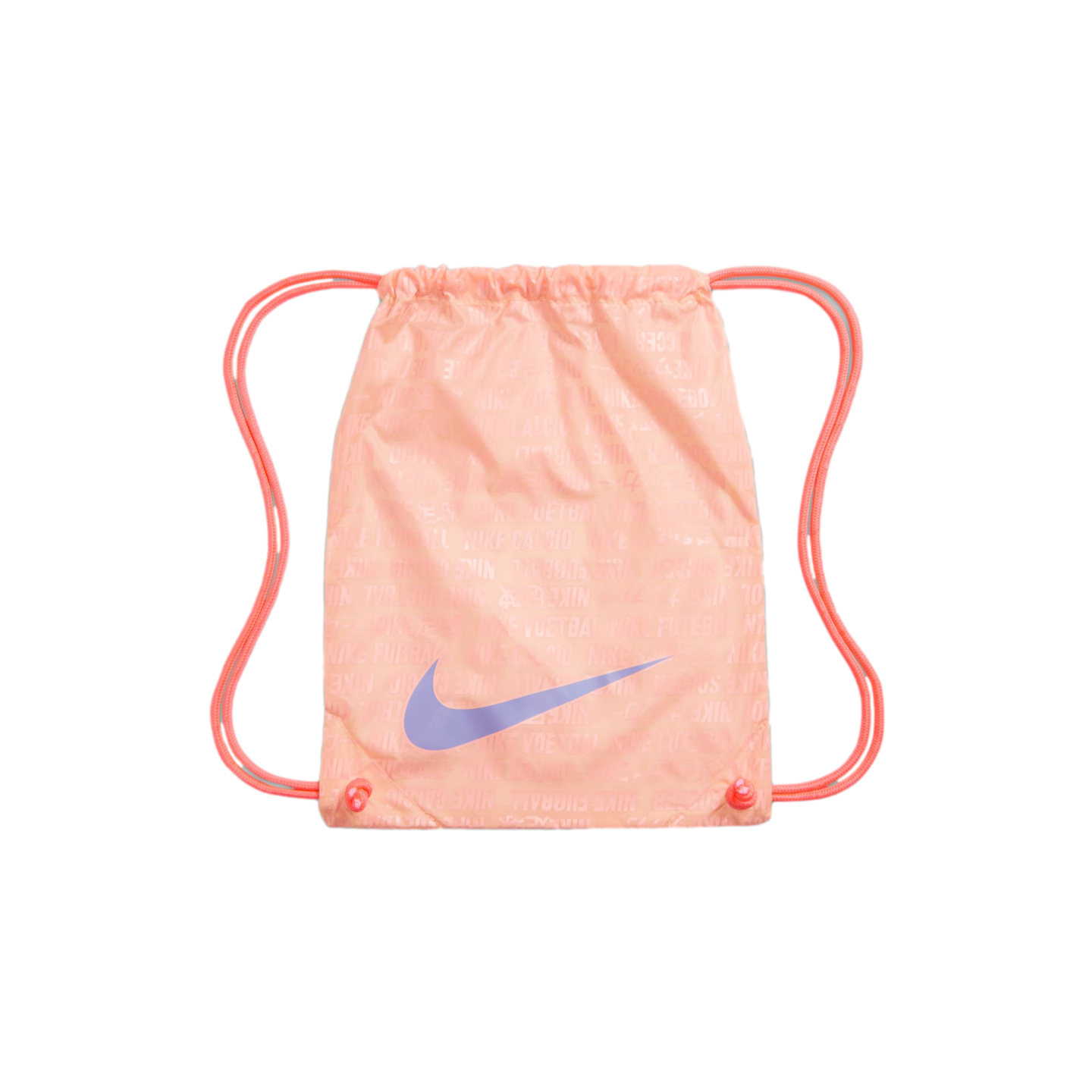 A pink Nike drawstring gym bag with a light blue swoosh logo and repeating text pattern, set against a black background.