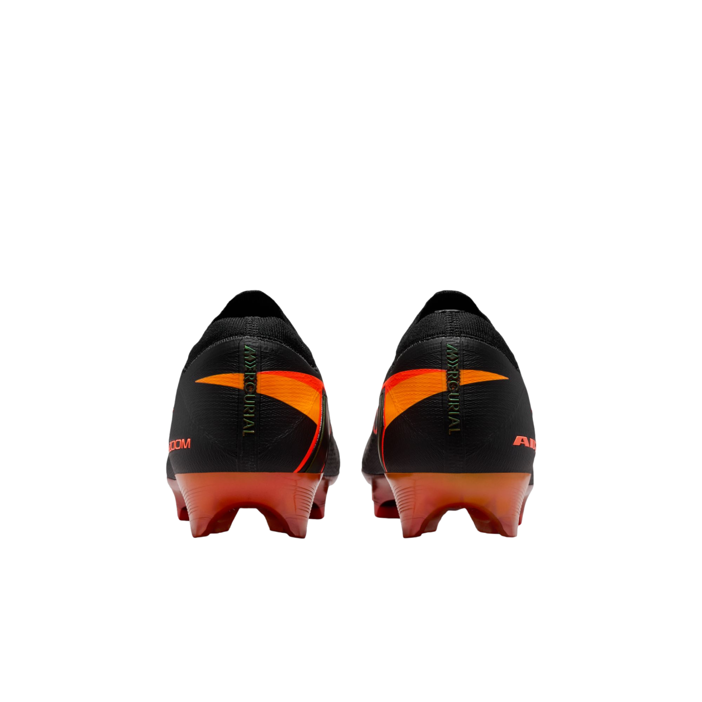 Rear view of black Nike Mercurial soccer cleats featuring orange and red accents on the heels and soleplates, set against a solid black background.