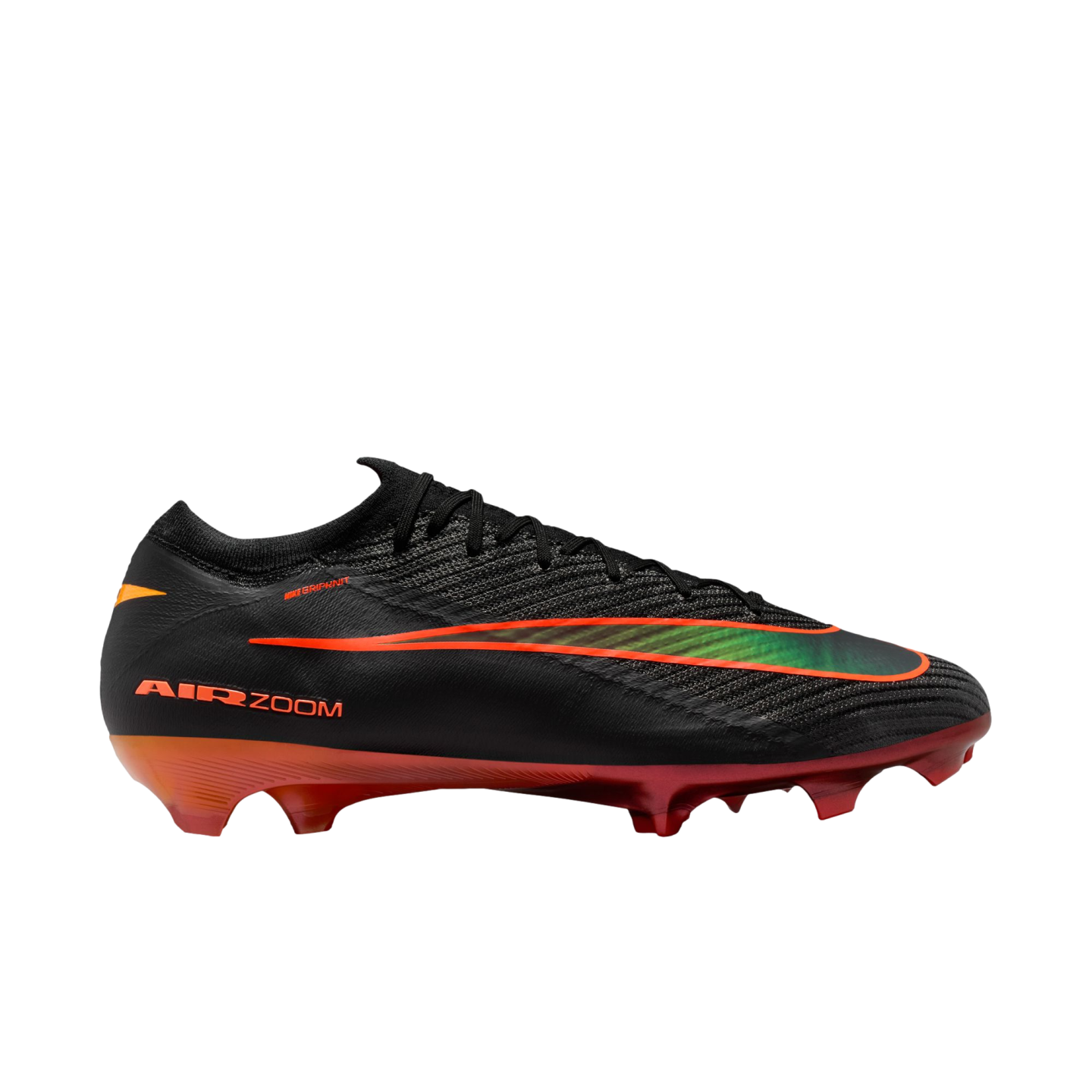 Black Nike soccer cleat featuring an iridescent green and orange swoosh and a red-orange gradient sole with studs.