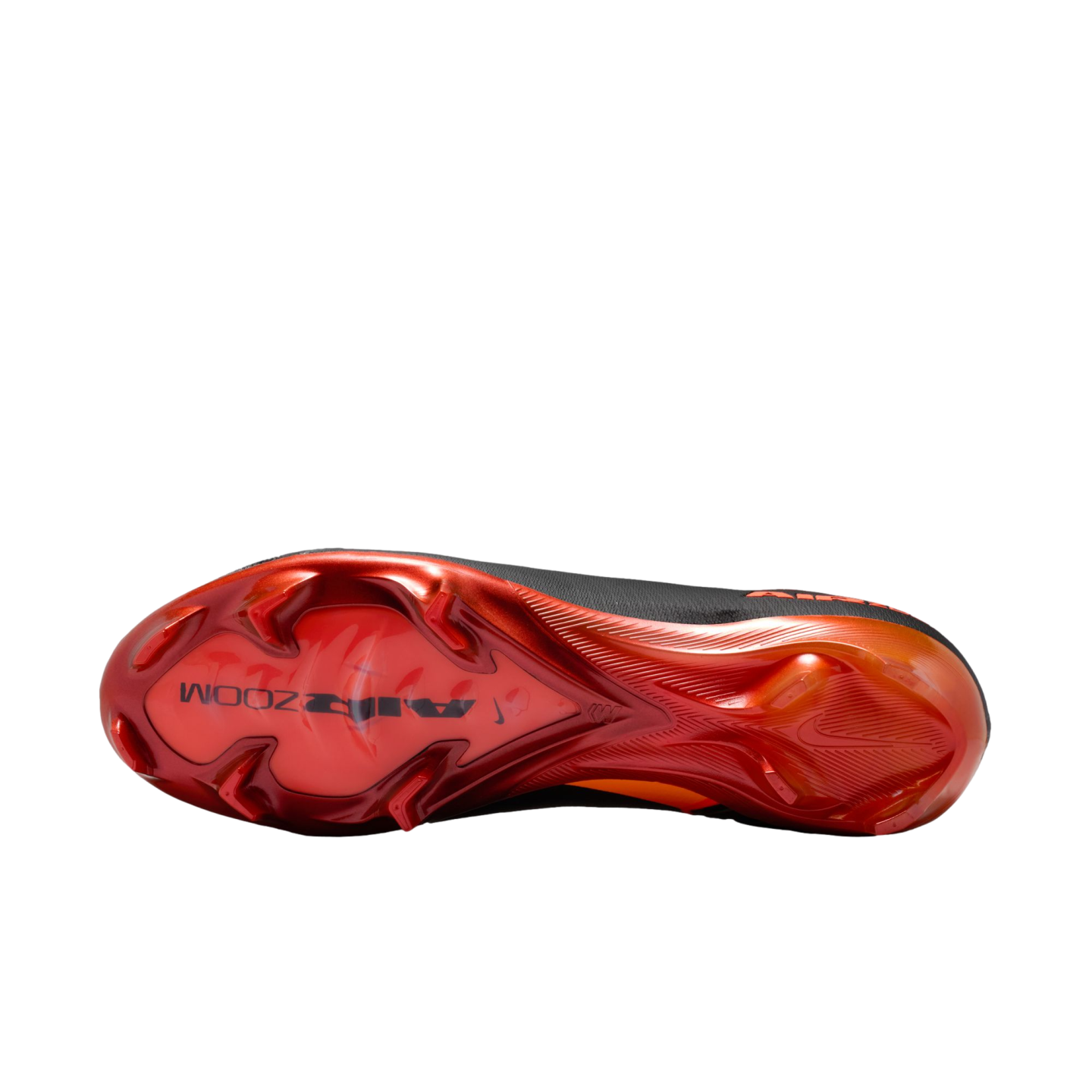 Bottom view of a Nike Air Zoom Mercurial football boot soleplate, featuring metallic red and orange colors with black accents and triangular studs on a black background.