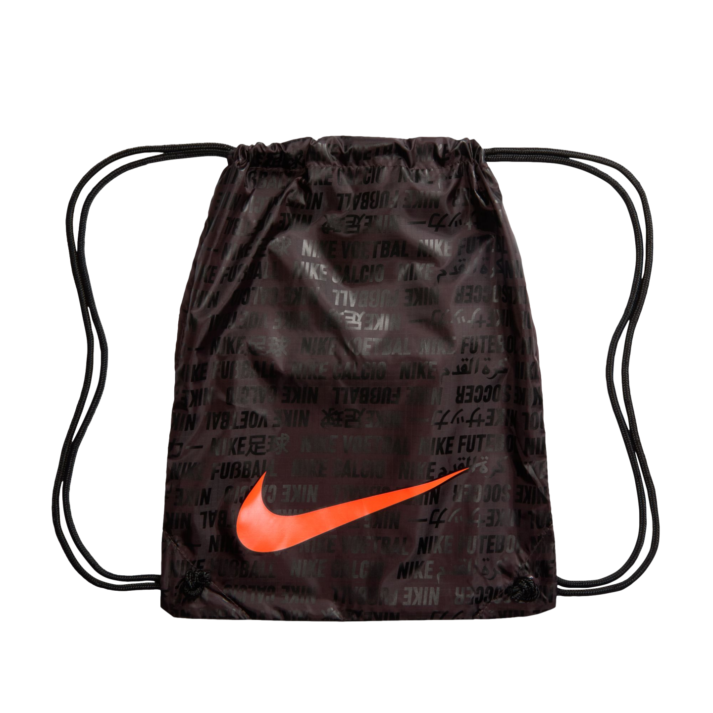 Black Nike drawstring bag featuring a repeating multilingual pattern and a large, bright orange swoosh logo on the lower front.