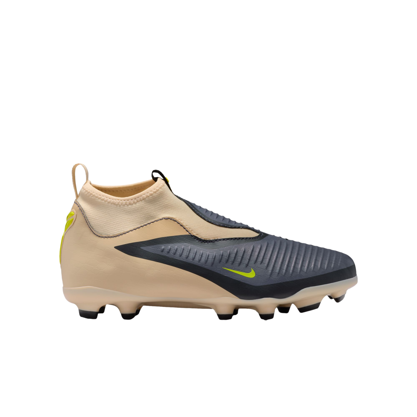 Side view of a laceless Nike soccer cleat in tan and charcoal gray with neon yellow accents. Features a high-top collar and textured upper, displayed against a solid black background.