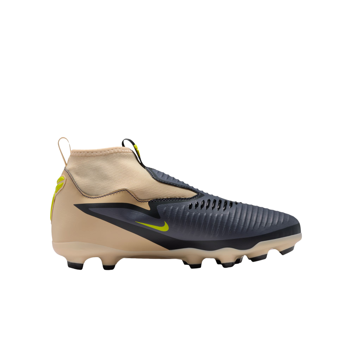 Side view of a Nike high-top soccer cleat featuring a tan heel, dark grey textured upper, and neon yellow accents on a black background.
