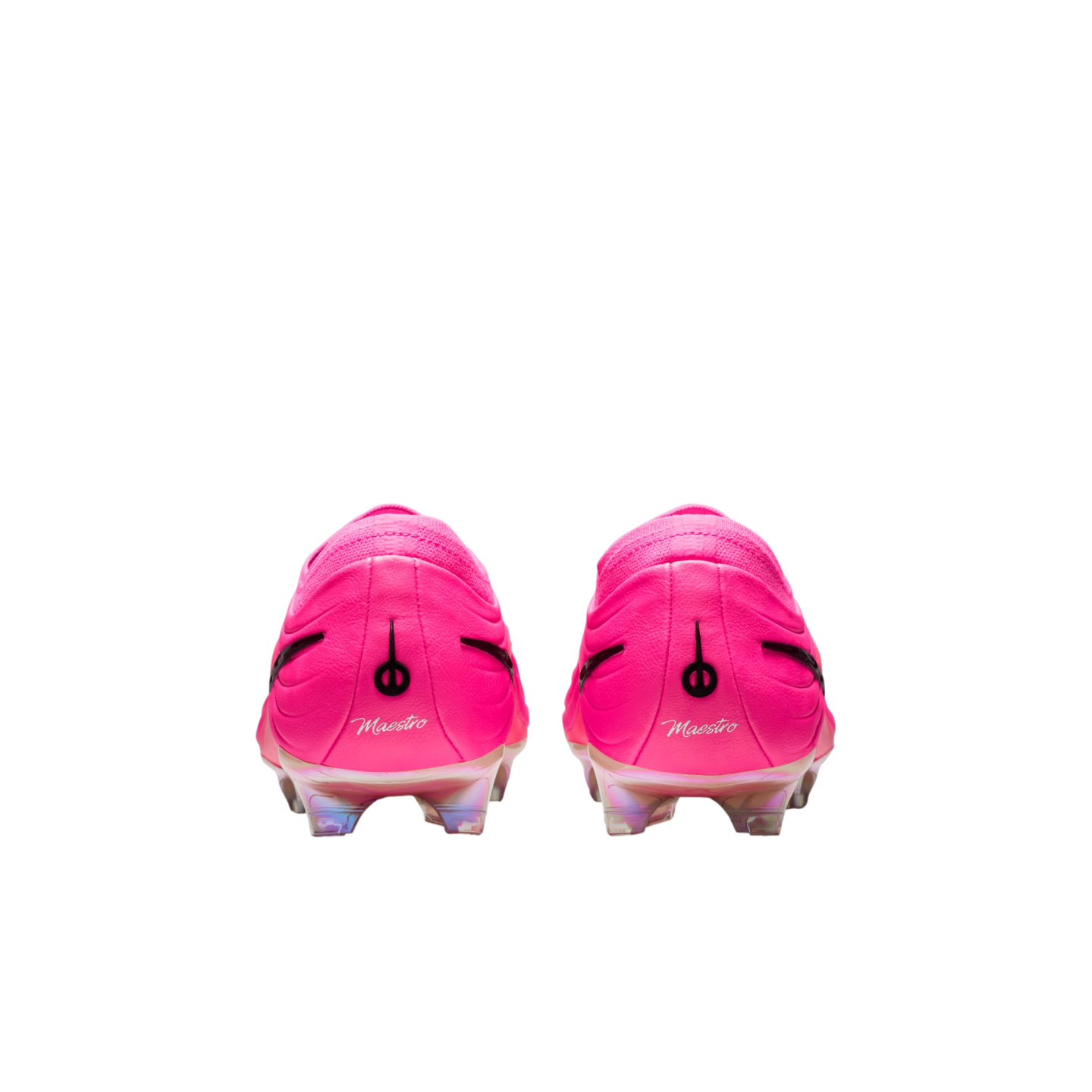 Rear view of two vibrant pink soccer cleats with "Maestro" branding and iridescent soleplates, isolated on a white background.