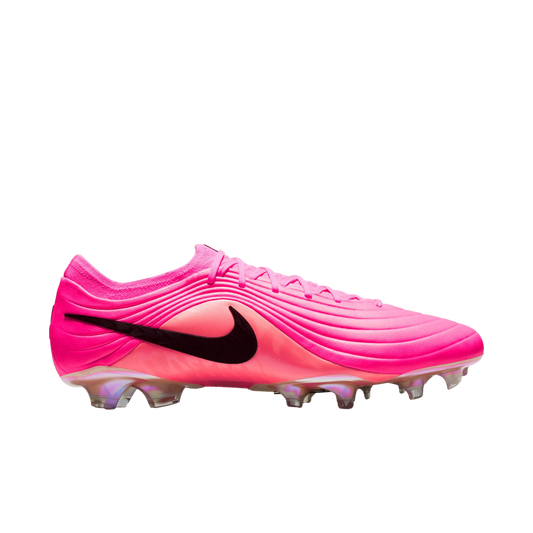 A vibrant pink Nike soccer cleat featuring a black swoosh and wavy textured upper, shown in profile against a plain white background.