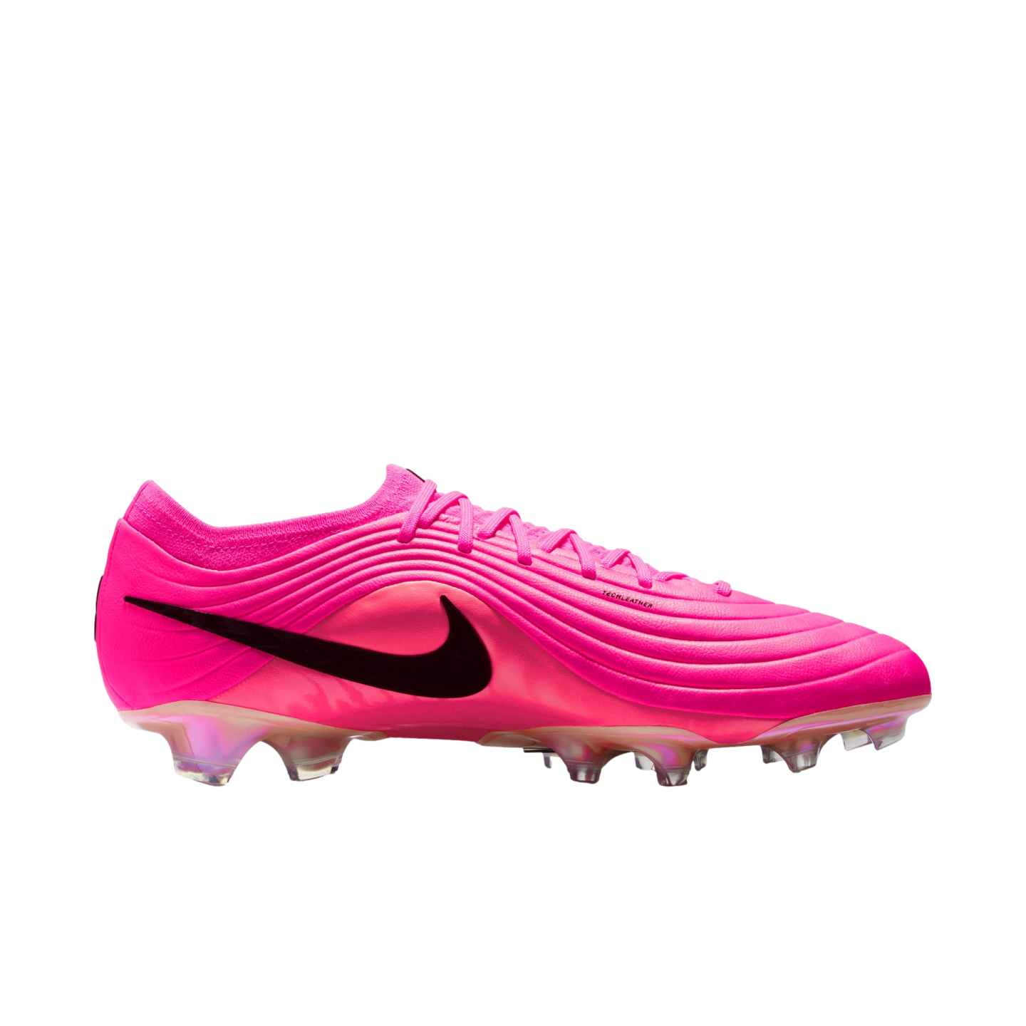 A vibrant pink Nike soccer cleat featuring a black swoosh, wavy textured upper, and iridescent studs on a white background.