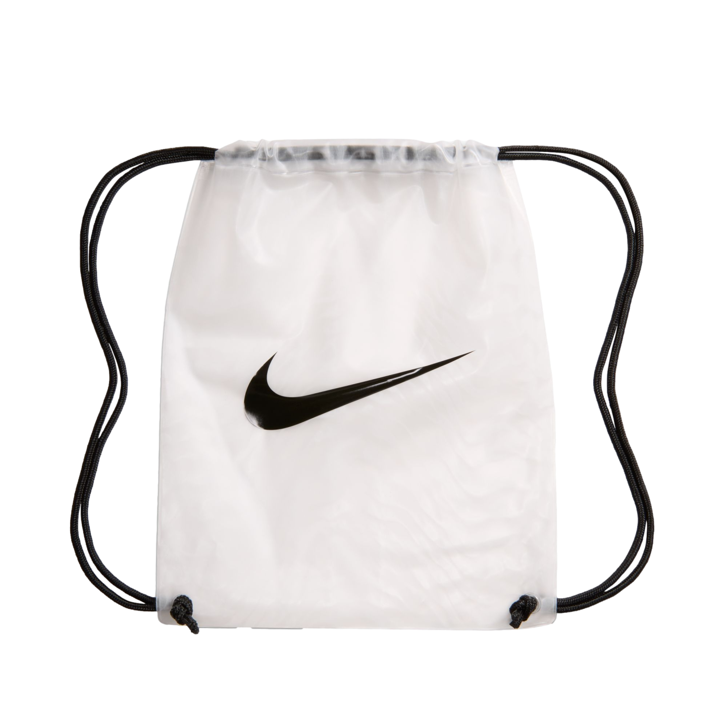 A translucent white drawstring bag with a large black Nike swoosh logo and black drawstrings.