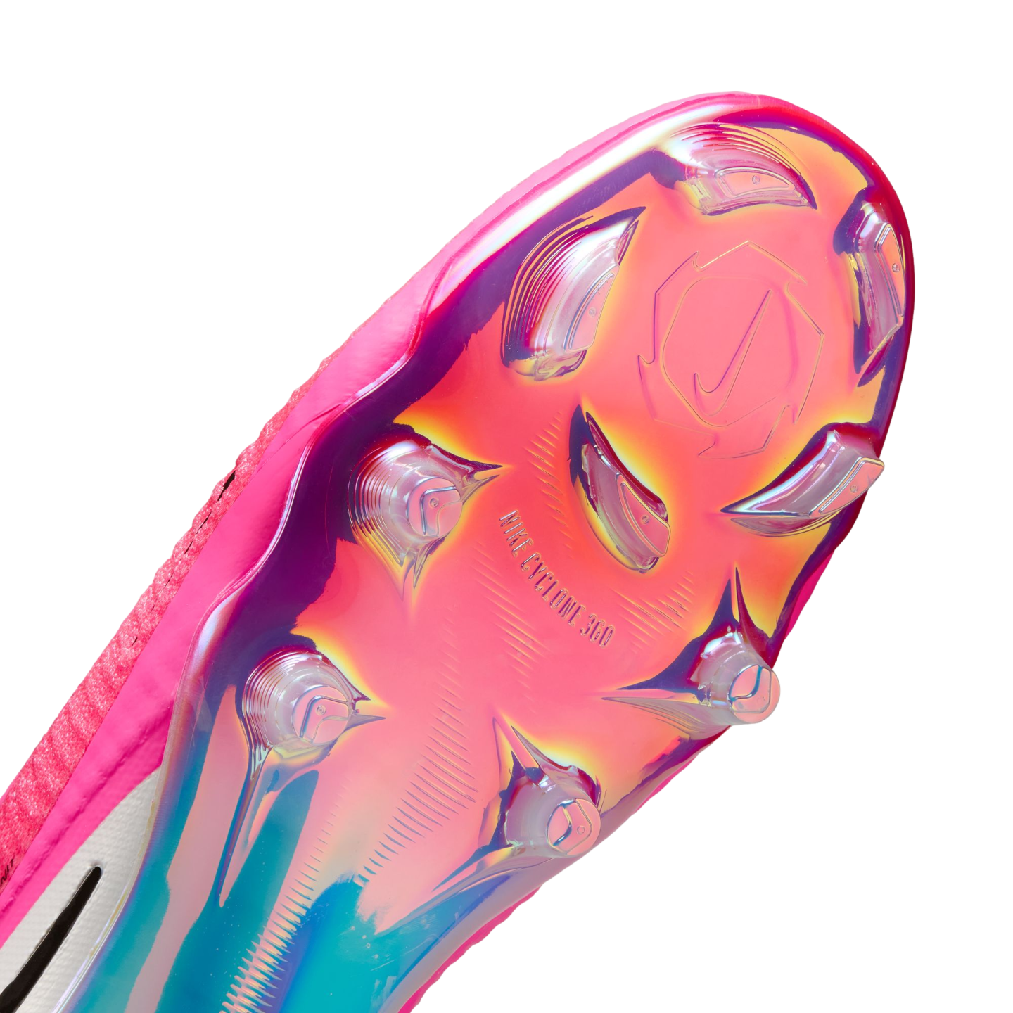 Close-up of a pink iridescent Nike soccer cleat sole featuring clear studs and embossed "NIKE CYCLONE 360" branding.