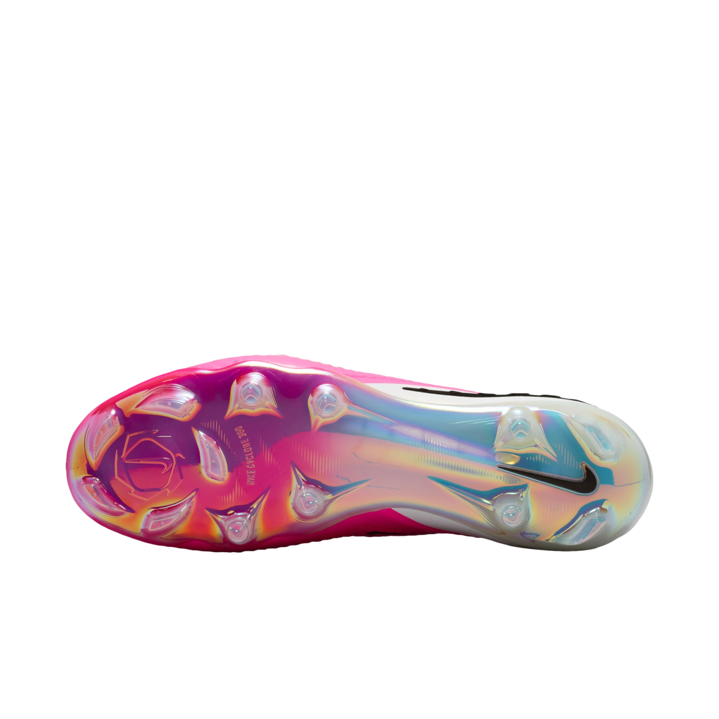 Soleplate of a Nike soccer cleat featuring a vibrant, iridescent gradient from magenta to light blue. Includes clear cleats and a black swoosh logo on the heel.