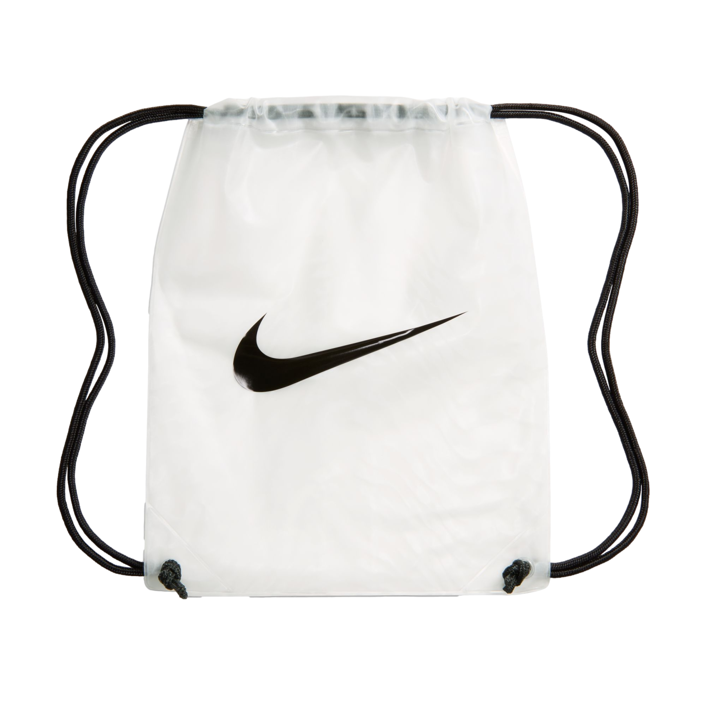 A translucent white Nike drawstring bag with a black swoosh logo and black cords.