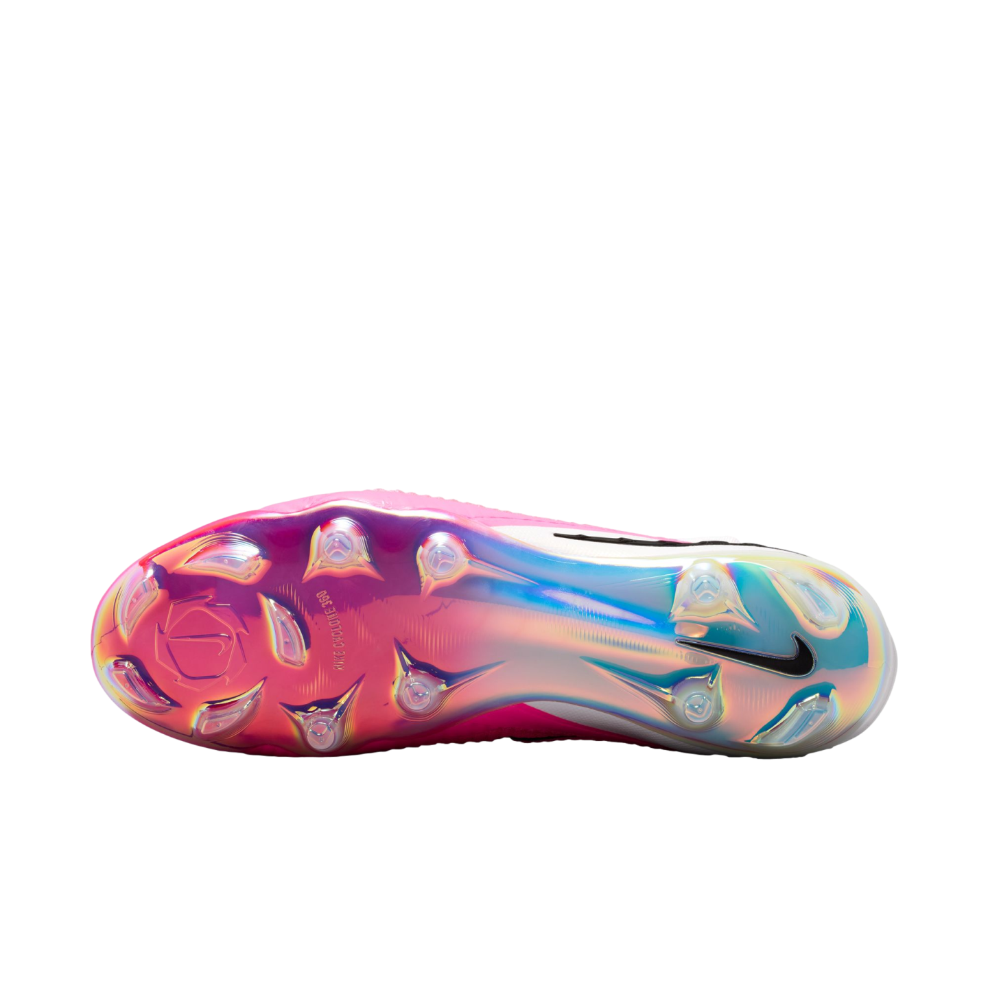 The sole of a pink Nike soccer cleat with an iridescent pink-to-blue gradient finish, clear studs, and a black Nike swoosh.