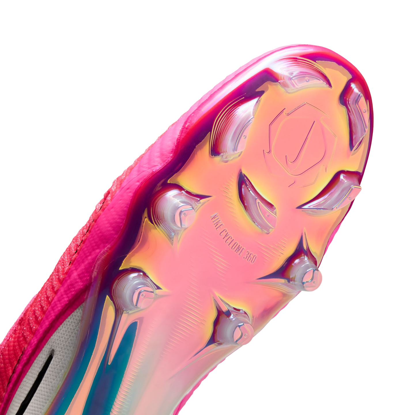 Close-up of an iridescent pink and gold Nike soccer cleat sole with clear studs and "NIKE CYCLONE 360" text.