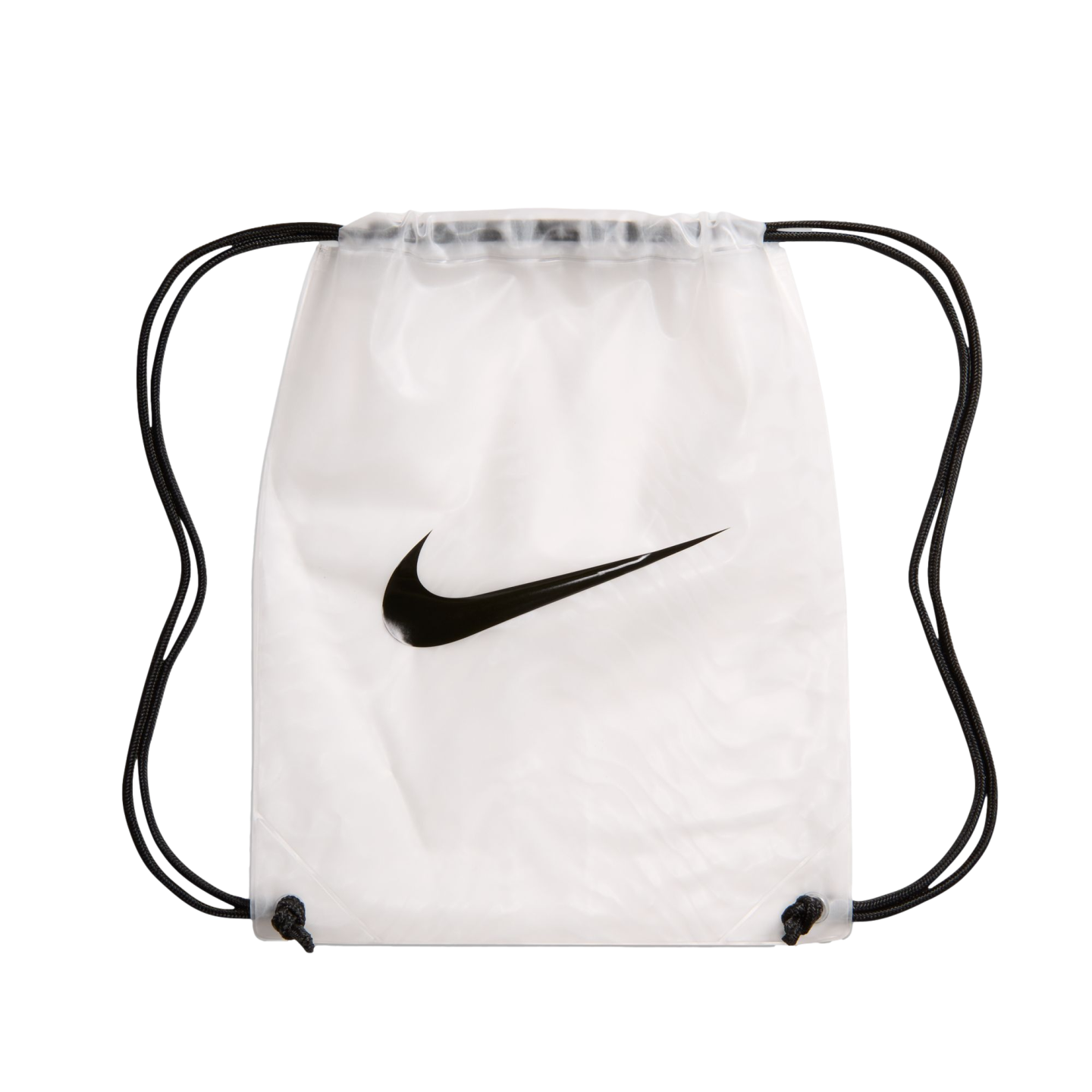 Semi-translucent white Nike drawstring bag featuring a large black swoosh logo and black cord straps against a white background.