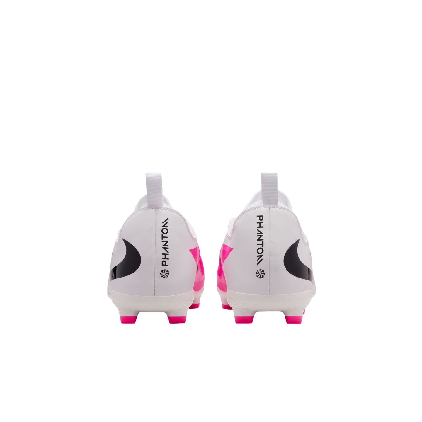 A back view of a pair of white Nike Phantom soccer cleats with pink and black accents.