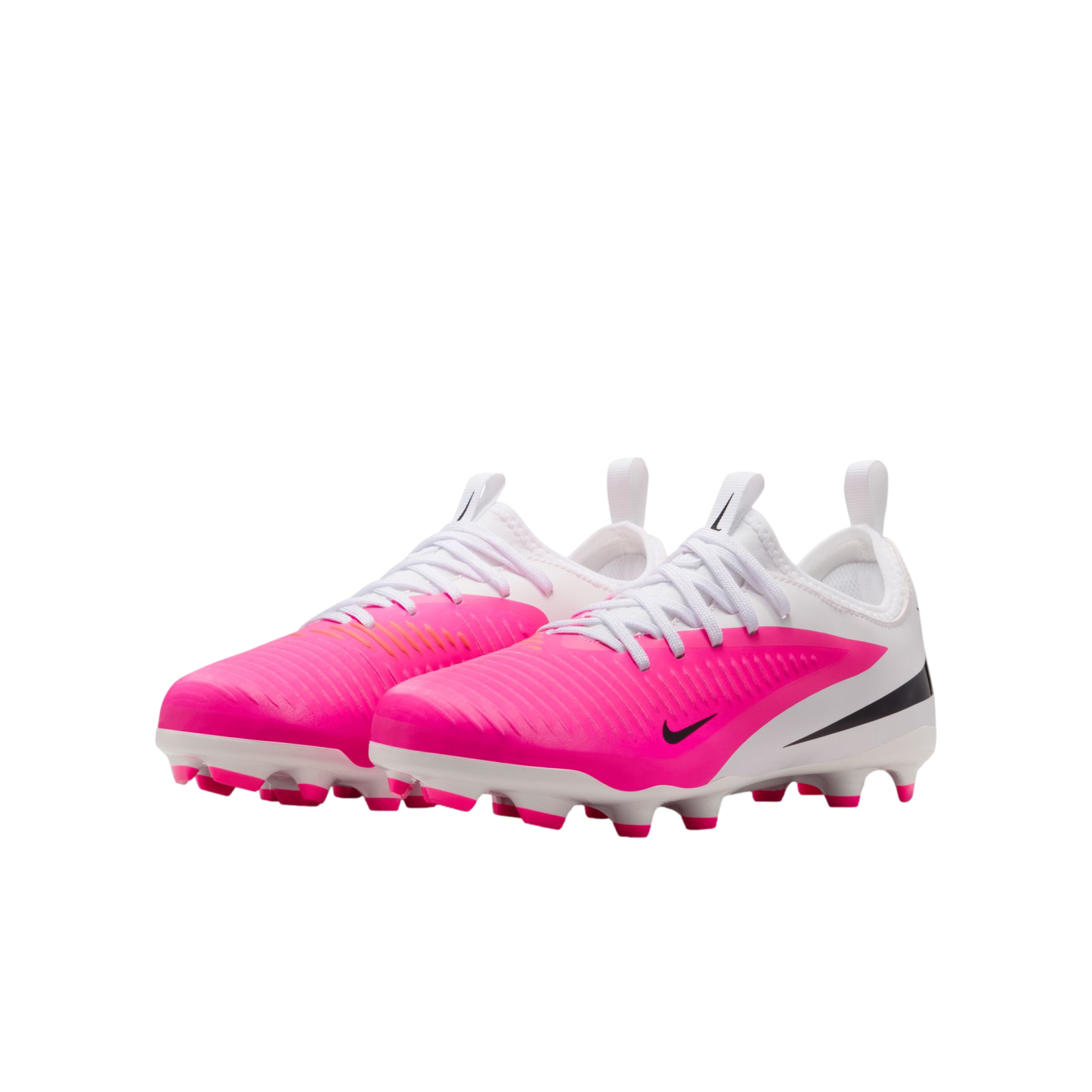 A pair of Nike soccer cleats featuring a bright pink front half, white back half, white laces, and black swoosh logos on the sides.
