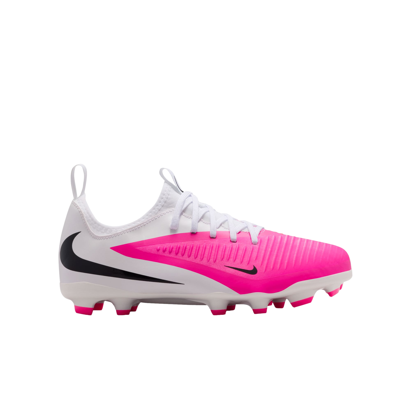A side profile of a white and vibrant pink Nike soccer cleat with black Swoosh logos, white laces, and pink-tipped studs, isolated on a white background.